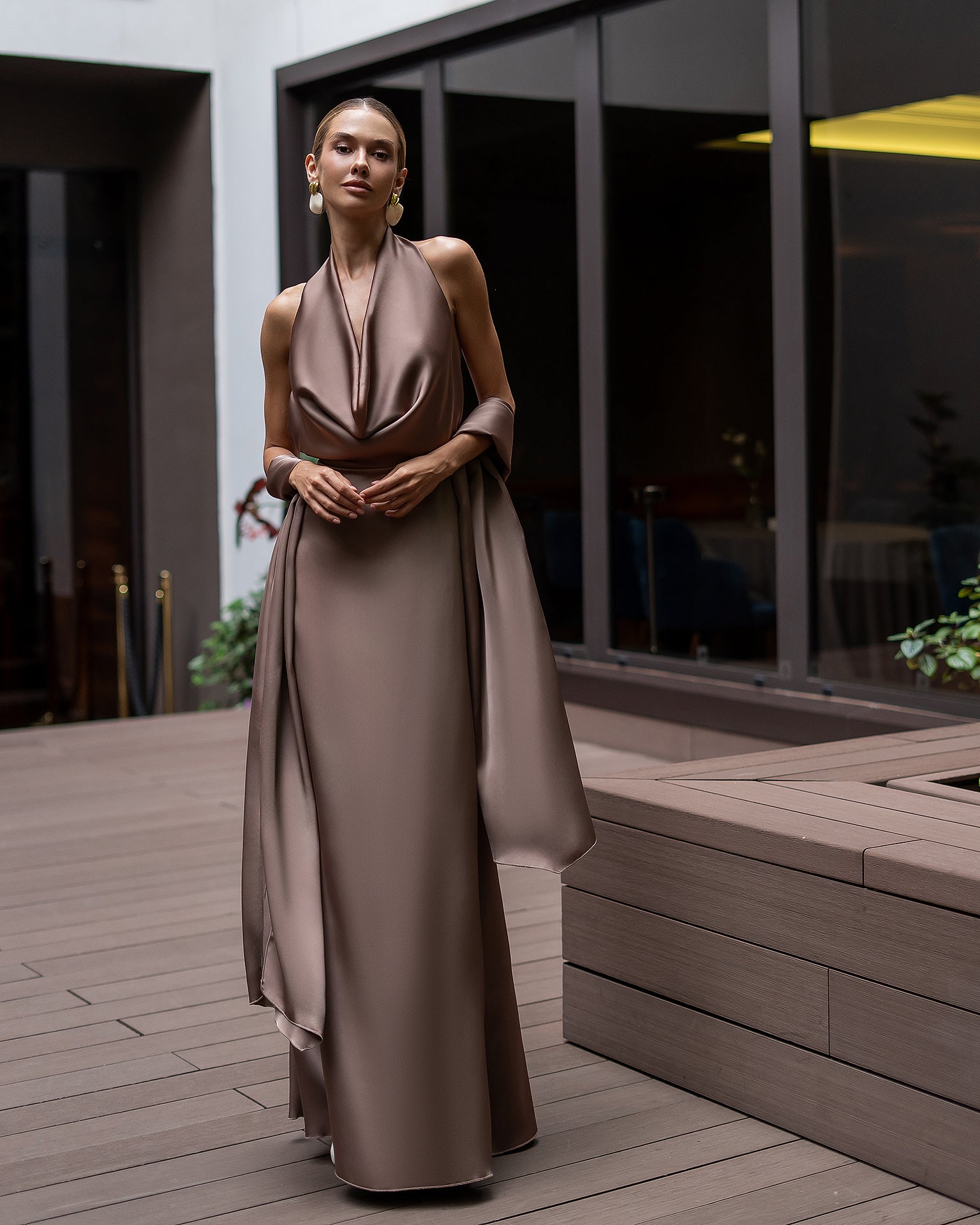 Premium Heavyweight Satin Dress with Matching Scarf, XS–L
