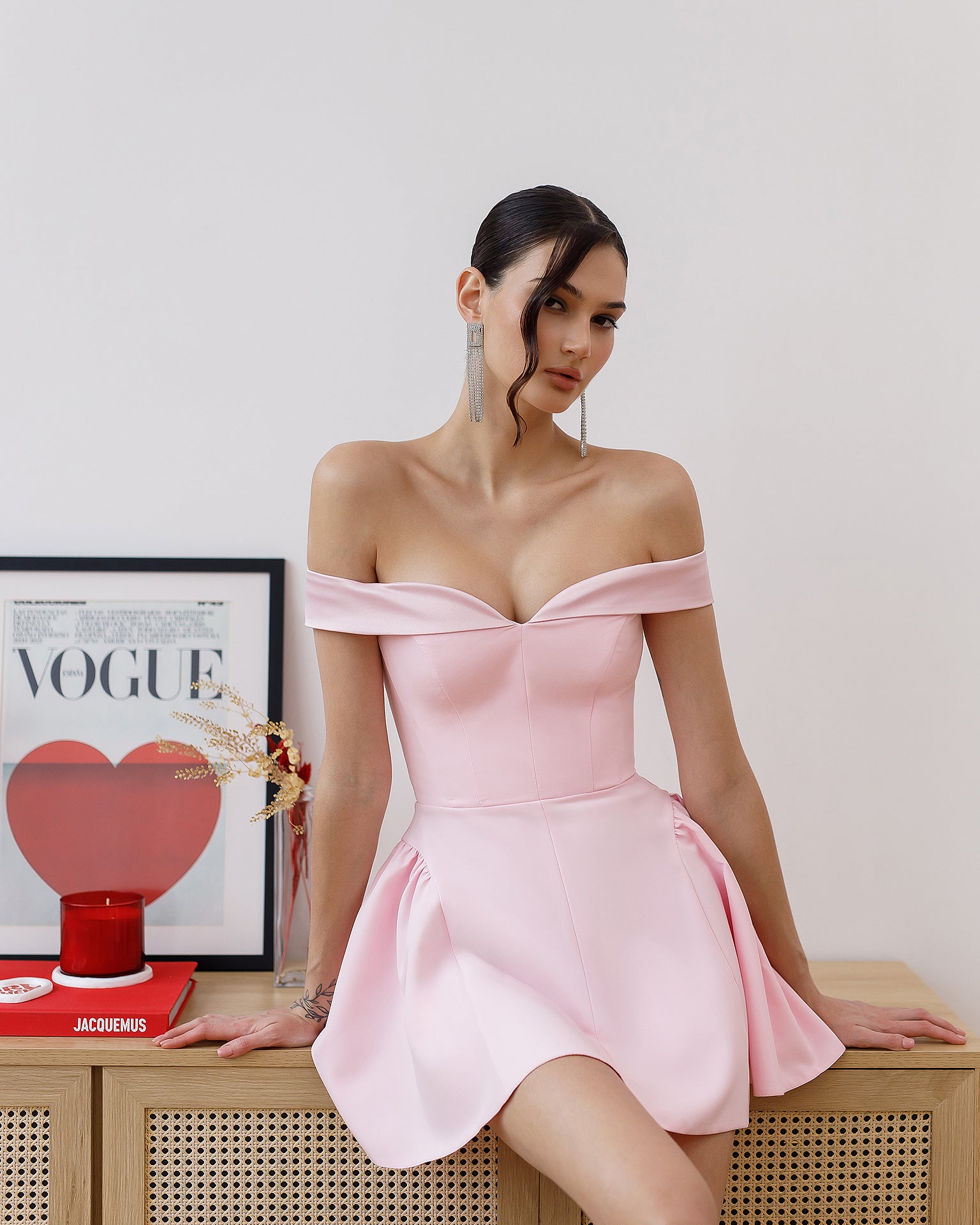Women's Corset Midi Dress in Crepe with Satin Insert, Built-In Boning