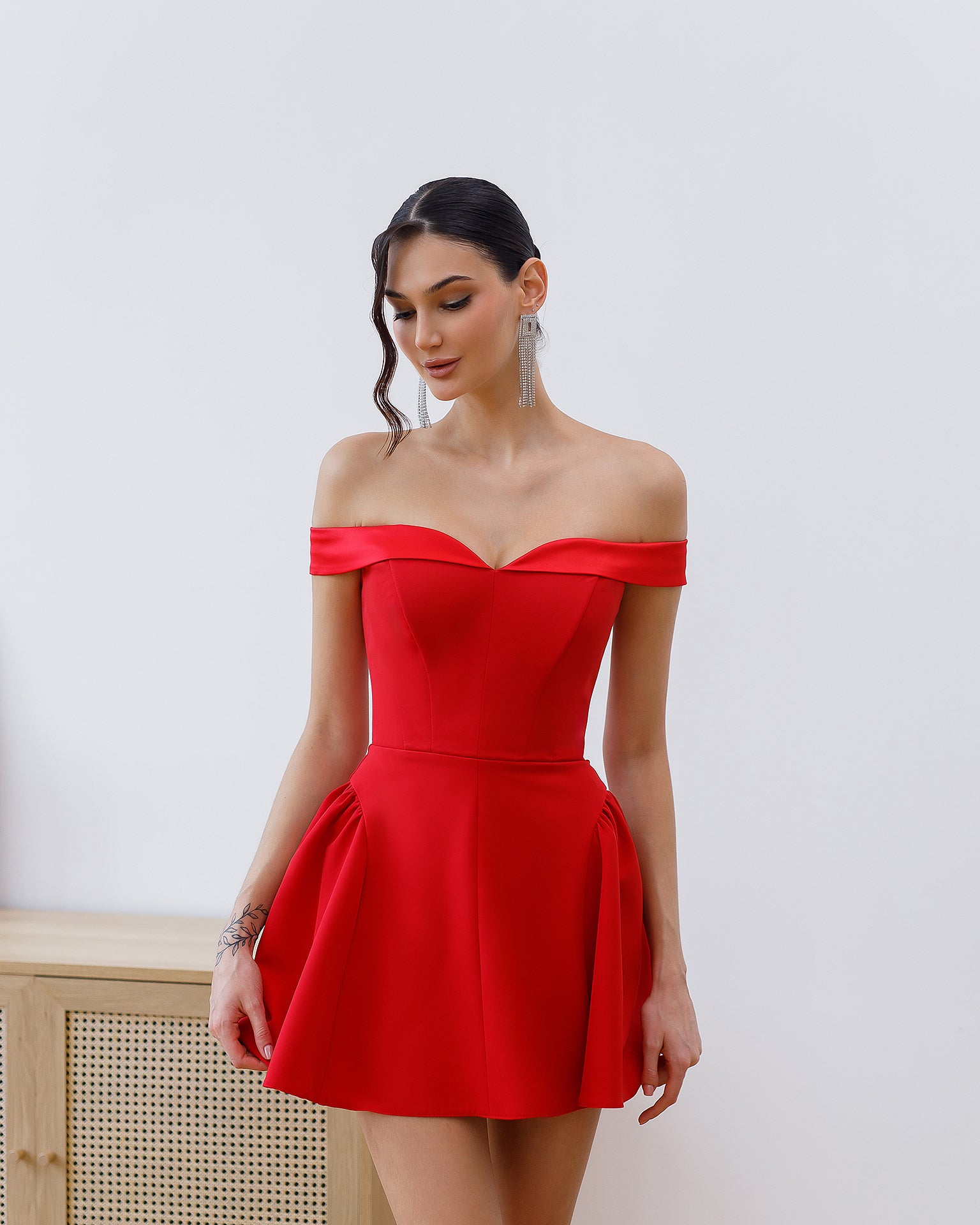Women's Corset Midi Dress in Crepe with Satin Insert, Built-In Boning