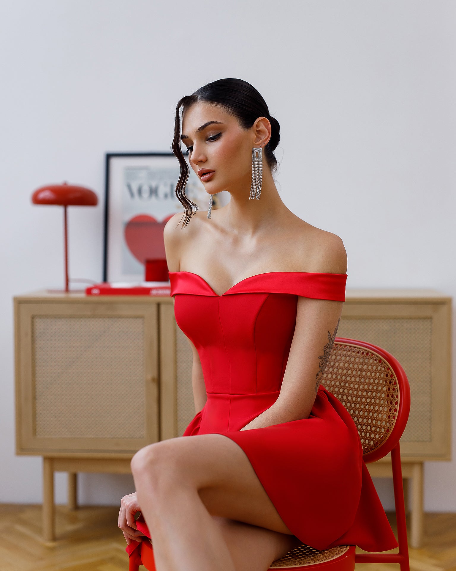 Women's Corset Midi Dress in Crepe with Satin Insert, Built-In Boning