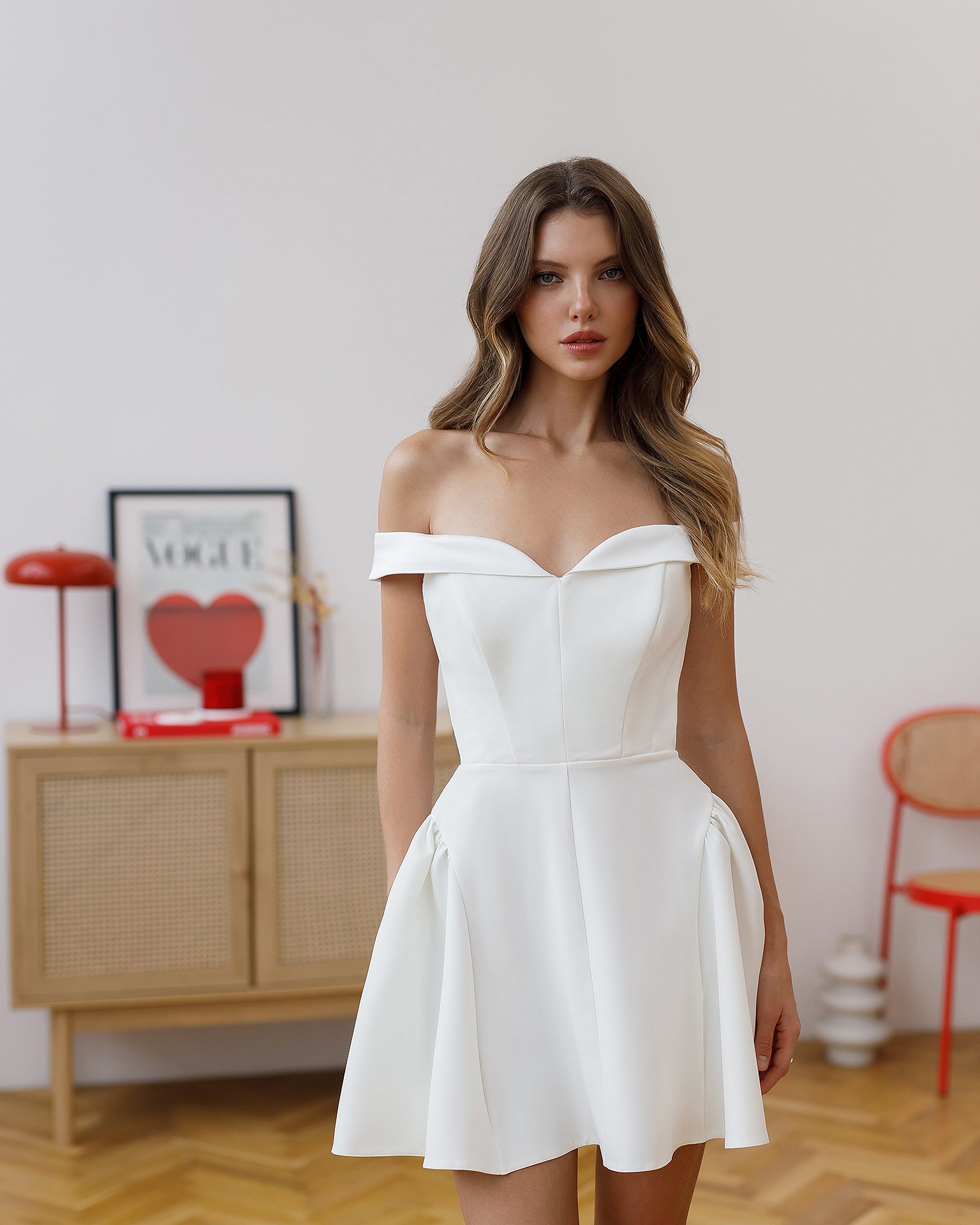 Women's Corset Midi Dress in Crepe with Satin Insert, Built-In Boning