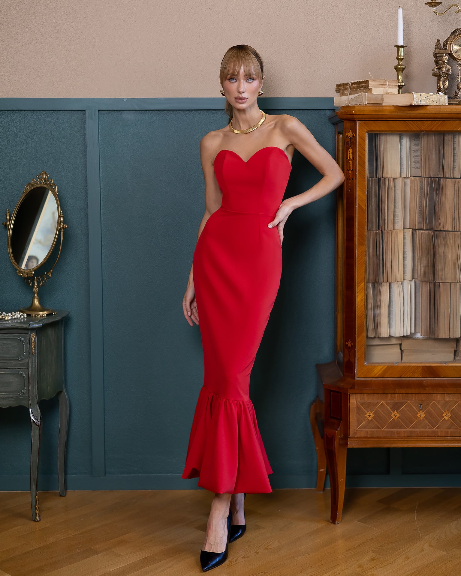 Women’s Structured Corset Crepe Dress in Black, Ivory, Red, Cream