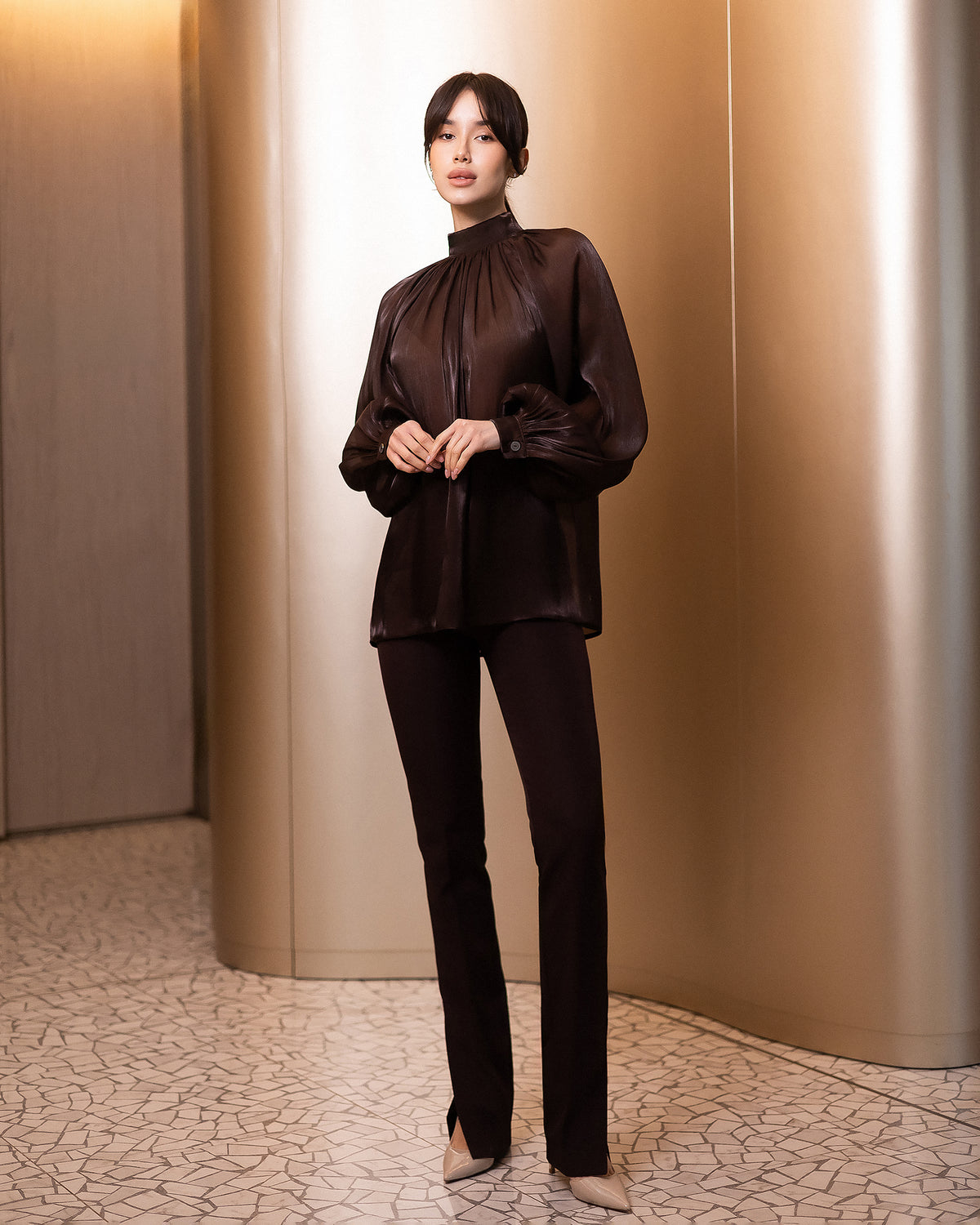 Sheer Chiffon-Organza Blouse with Dramatic Long Sleeves
