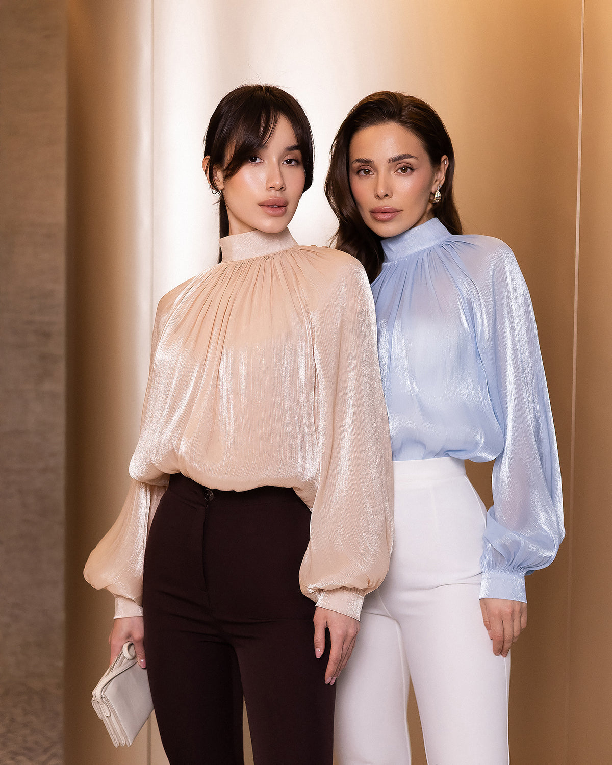 Sheer Chiffon-Organza Blouse with Dramatic Long Sleeves