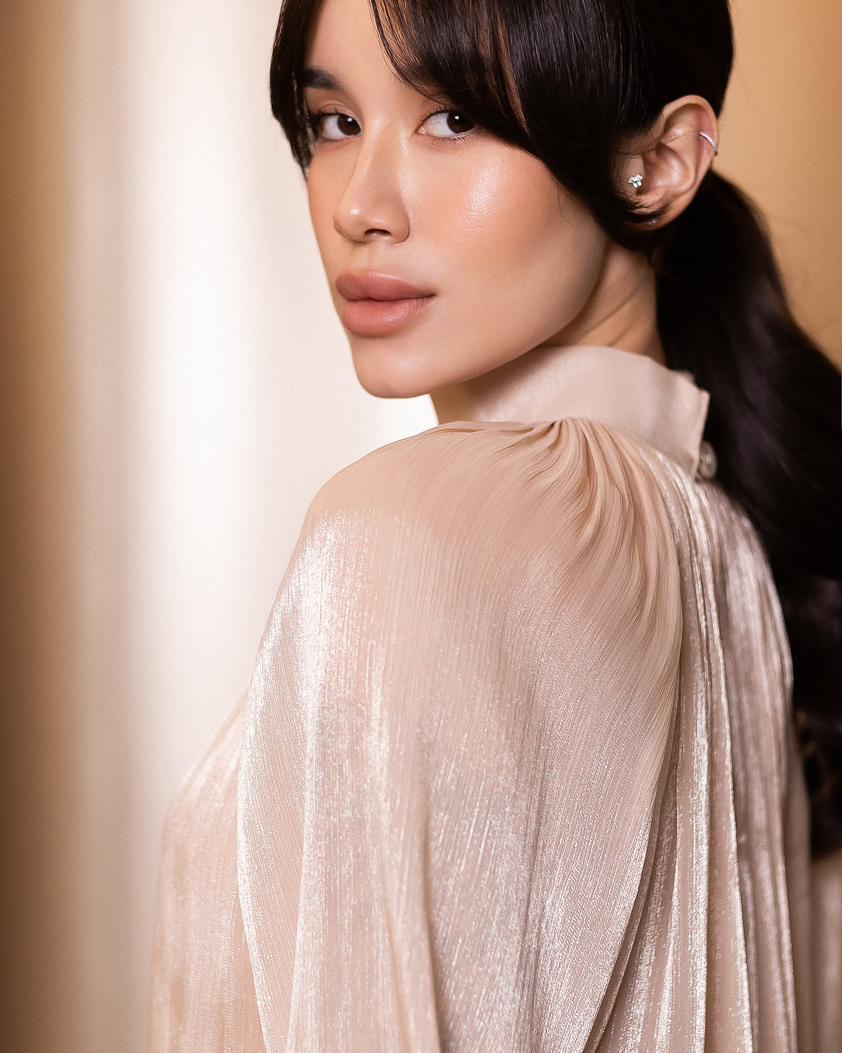 Sheer Chiffon-Organza Blouse with Dramatic Long Sleeves
