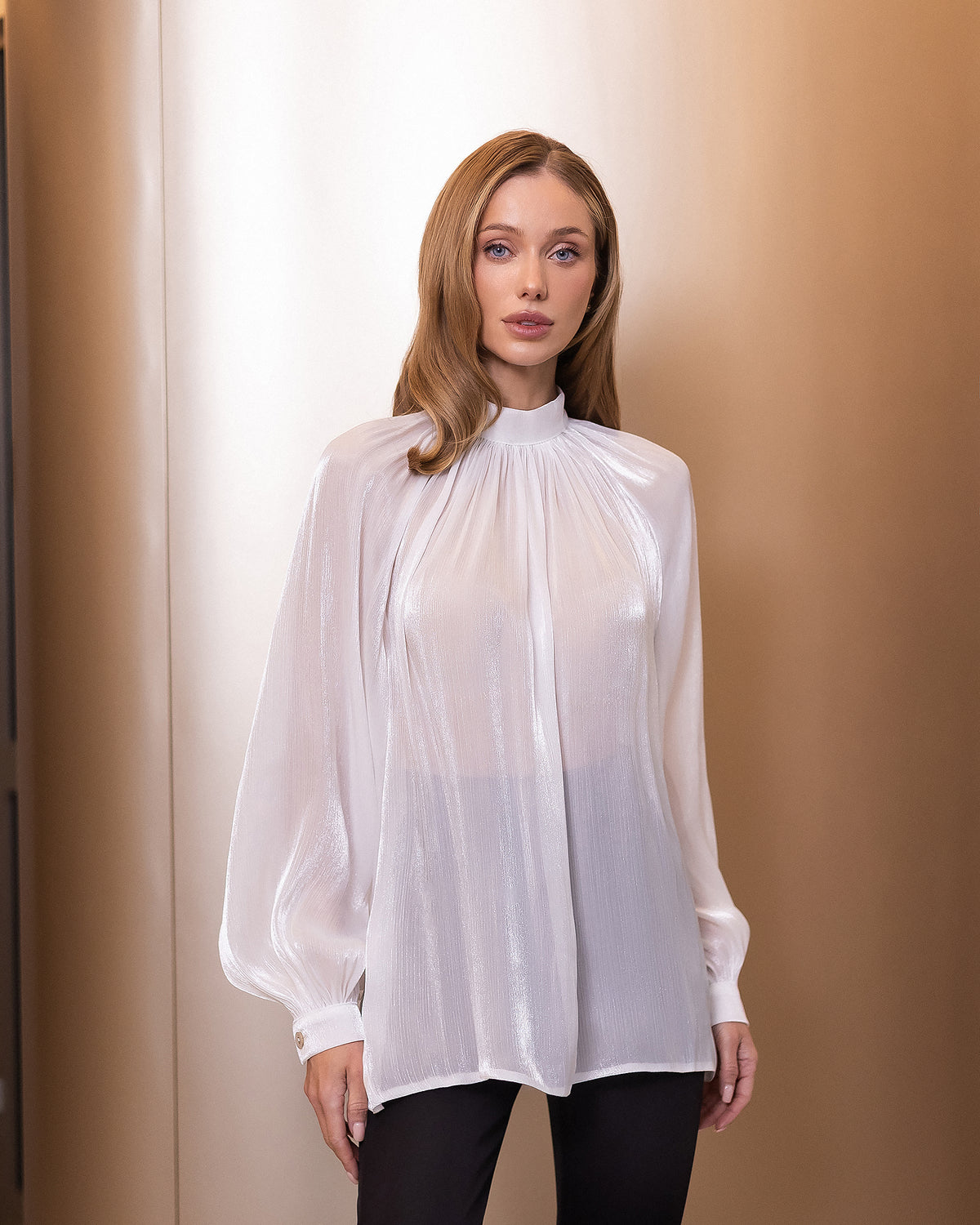 Sheer Chiffon-Organza Blouse with Dramatic Long Sleeves