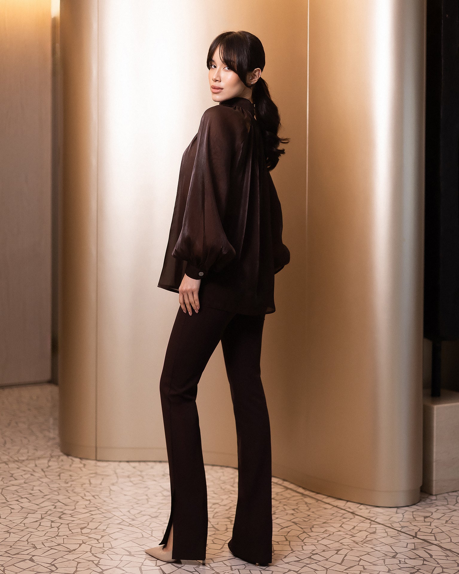 Sheer Chiffon-Organza Blouse with Dramatic Long Sleeves