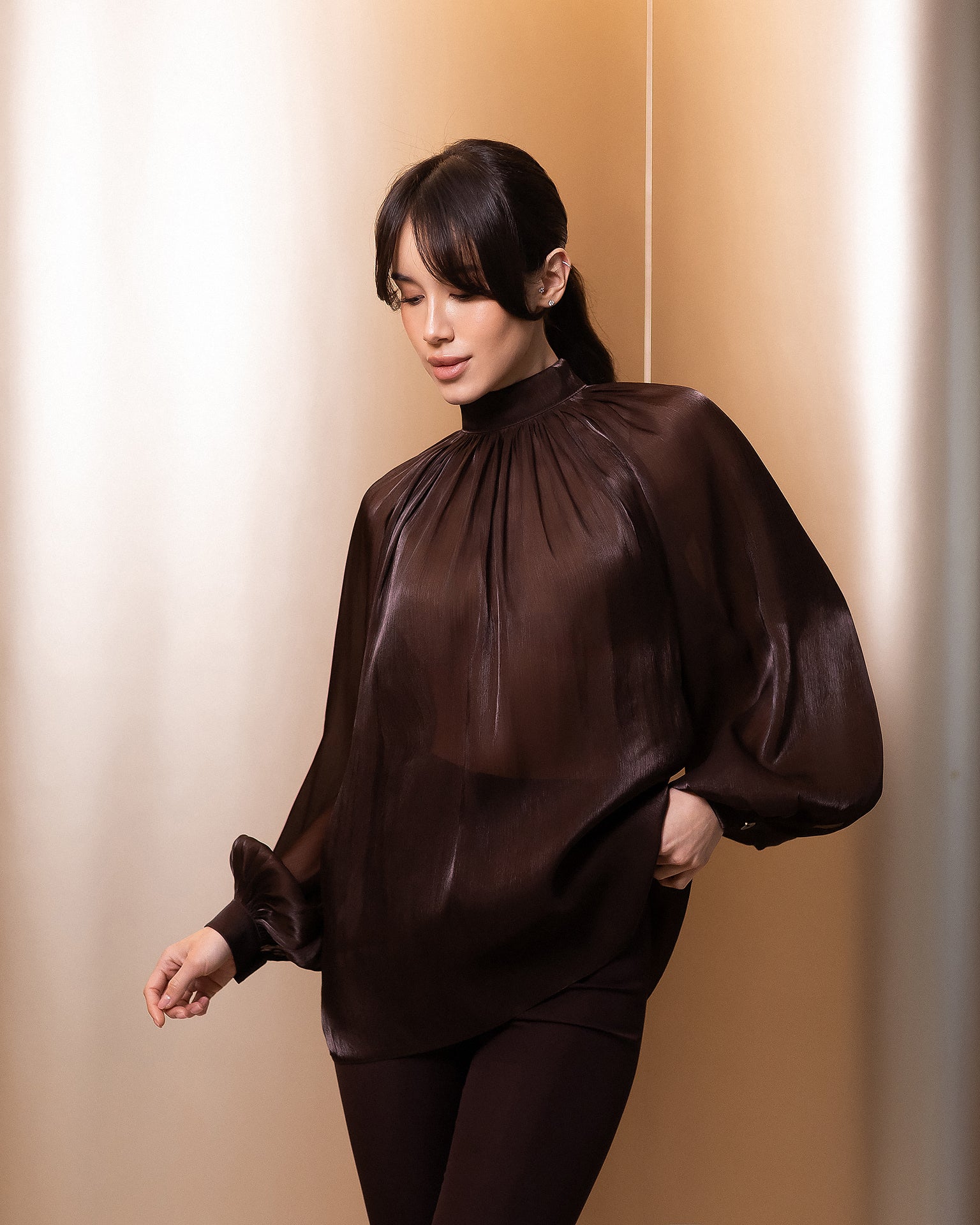 Sheer Chiffon-Organza Blouse with Dramatic Long Sleeves
