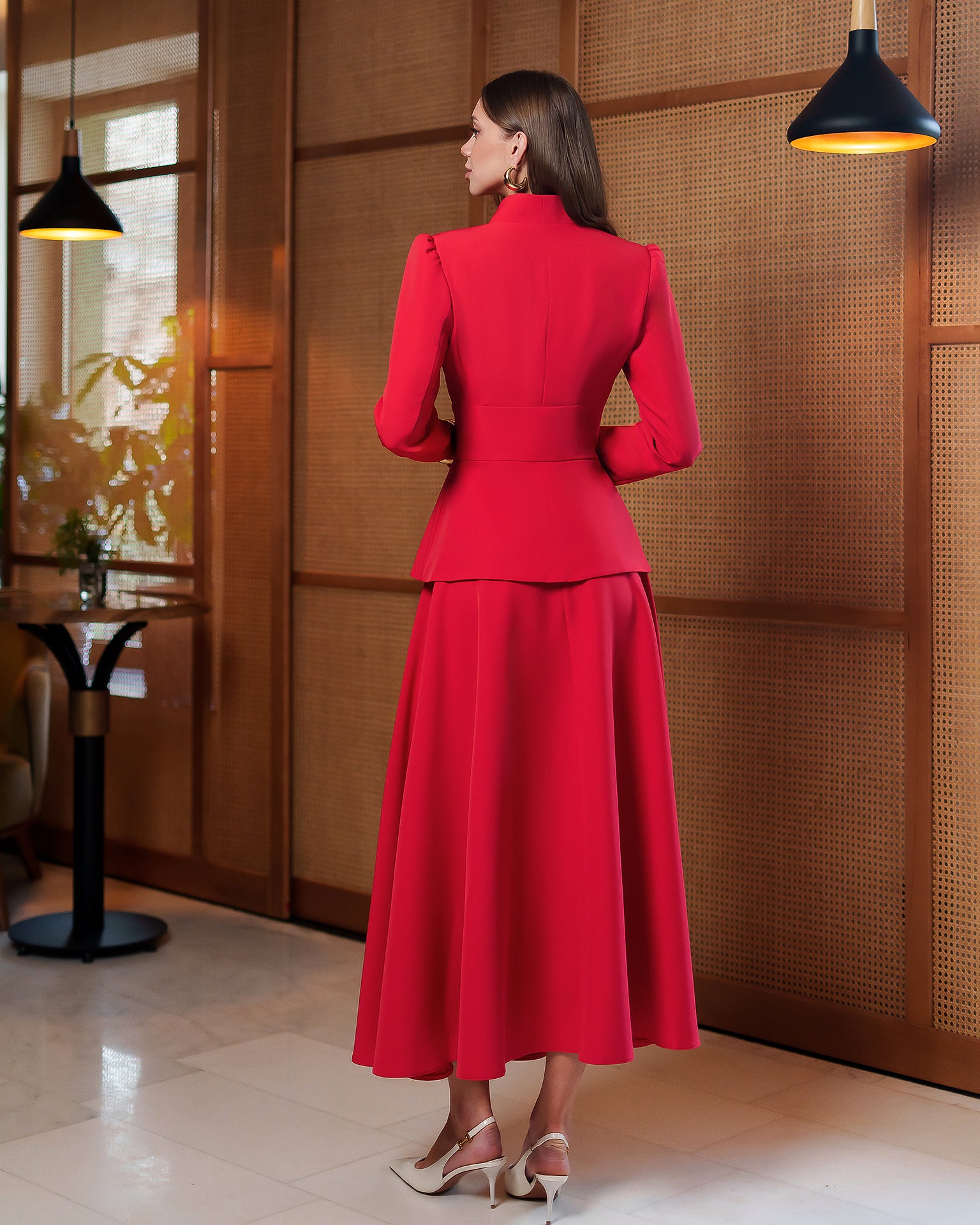 Women's Blazer and Midi Skirt Set in Ivory, Red, Black