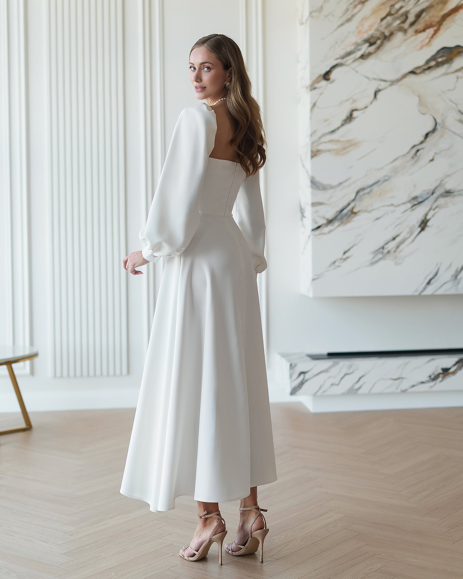 Structured Crepe Midi Dress with Built-In Cups and Long Sleeves