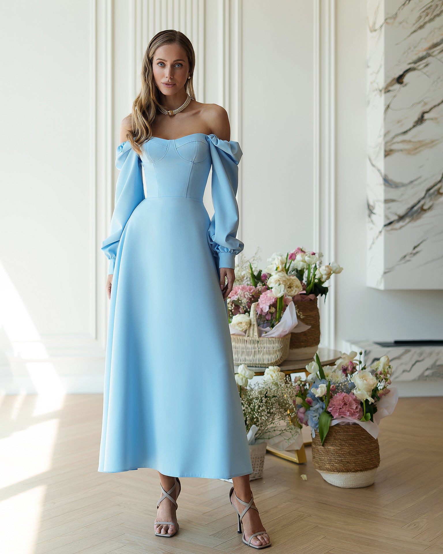 Structured Crepe Midi Dress with Built-In Cups and Long Sleeves