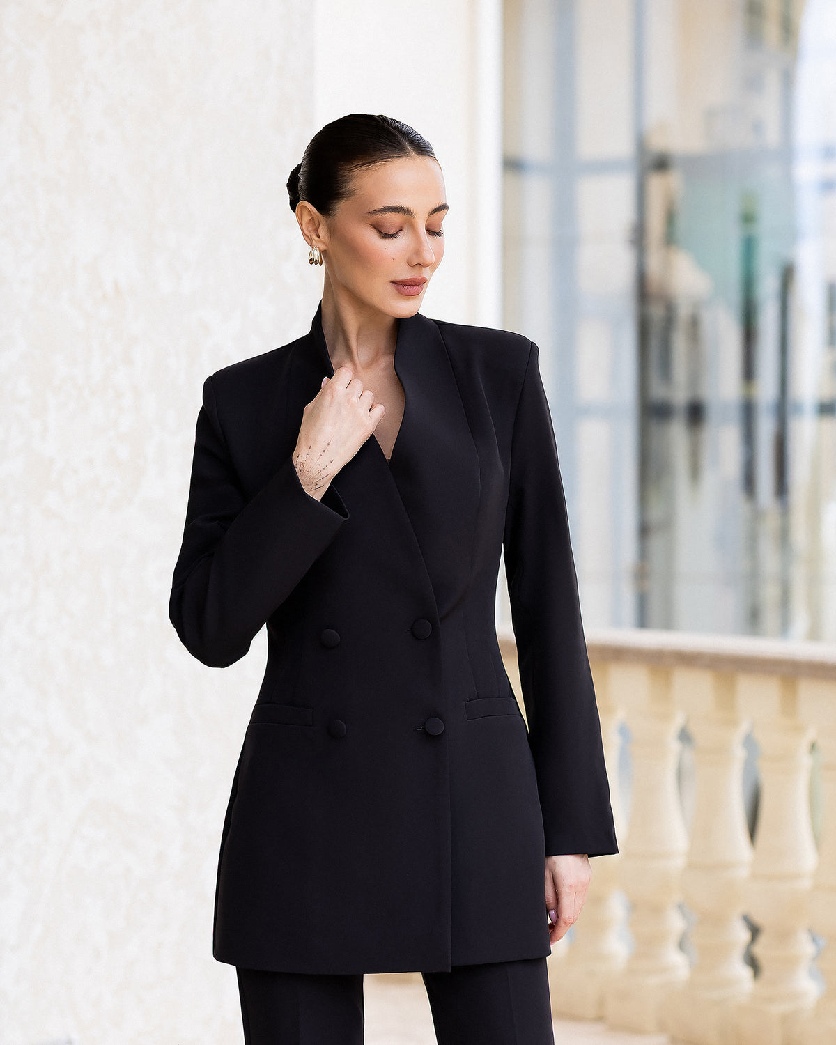 Tailored Crepe Suiting Top in Black, Ivory, Light Blue, Pink
