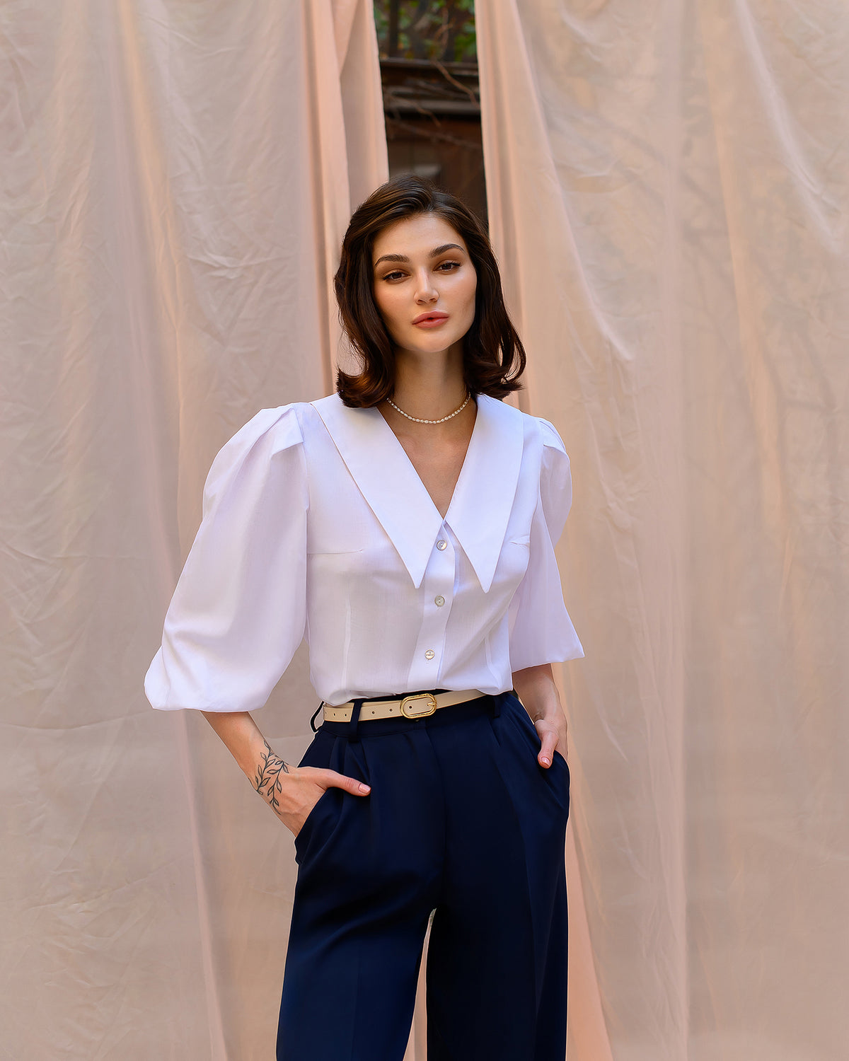 White Cotton Long-Sleeve Blouse for Women, Classic Fit