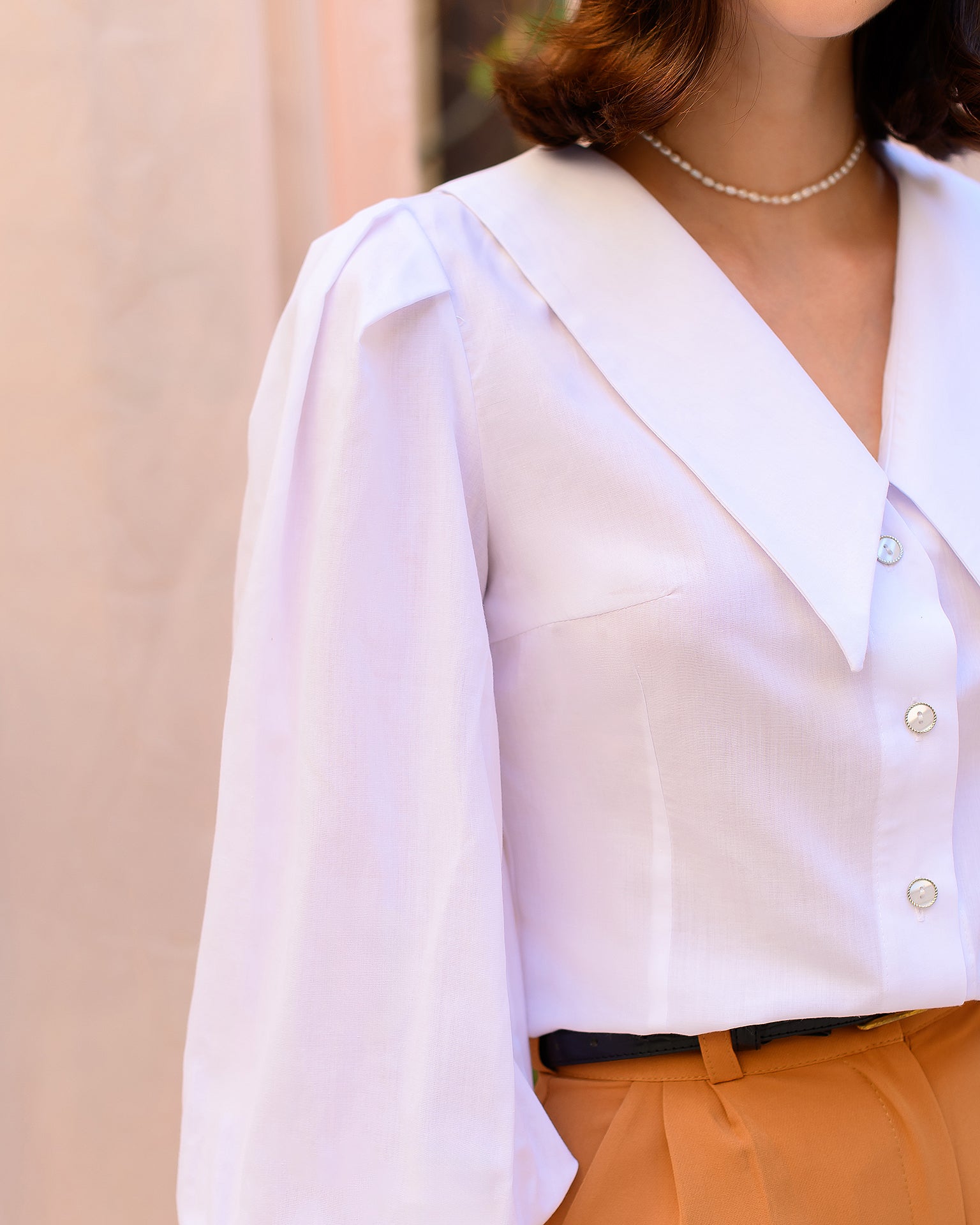 White Cotton Long-Sleeve Blouse for Women, Classic Fit