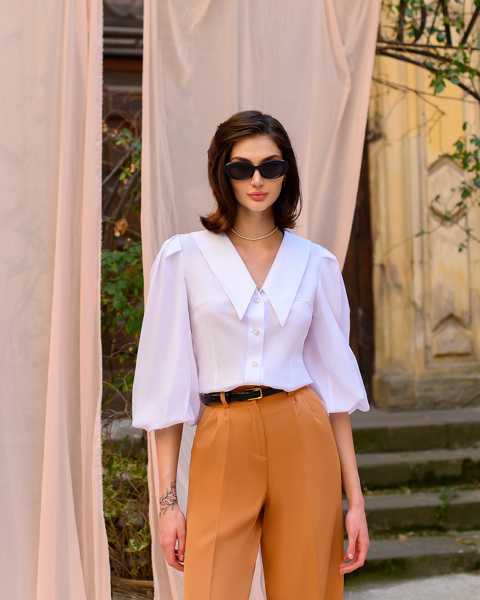 White Cotton Long-Sleeve Blouse for Women, Classic Fit