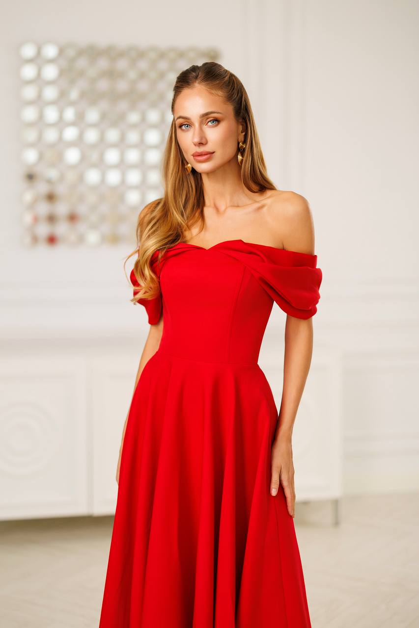 Off Shoulder Midi Dress – Elegant A-Line Evening Dress