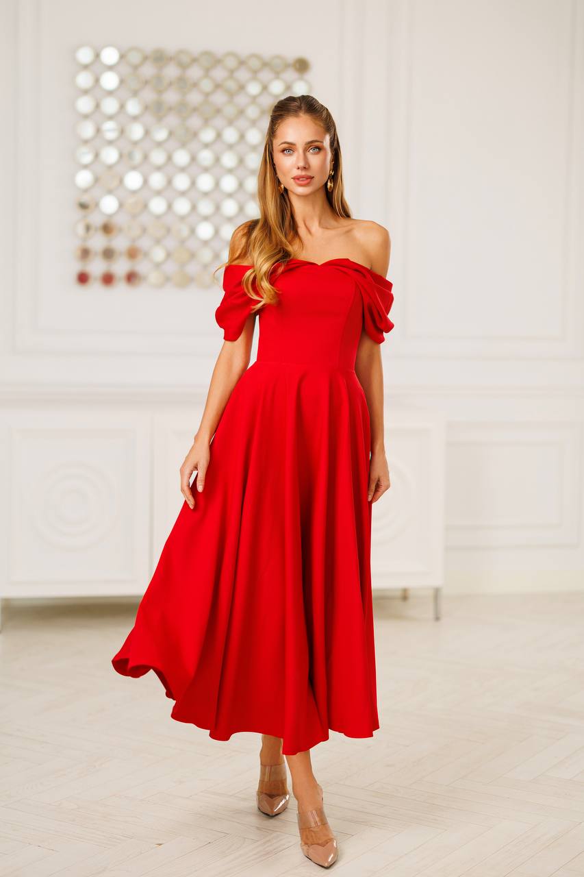 Off Shoulder Midi Dress – Elegant A-Line Evening Dress