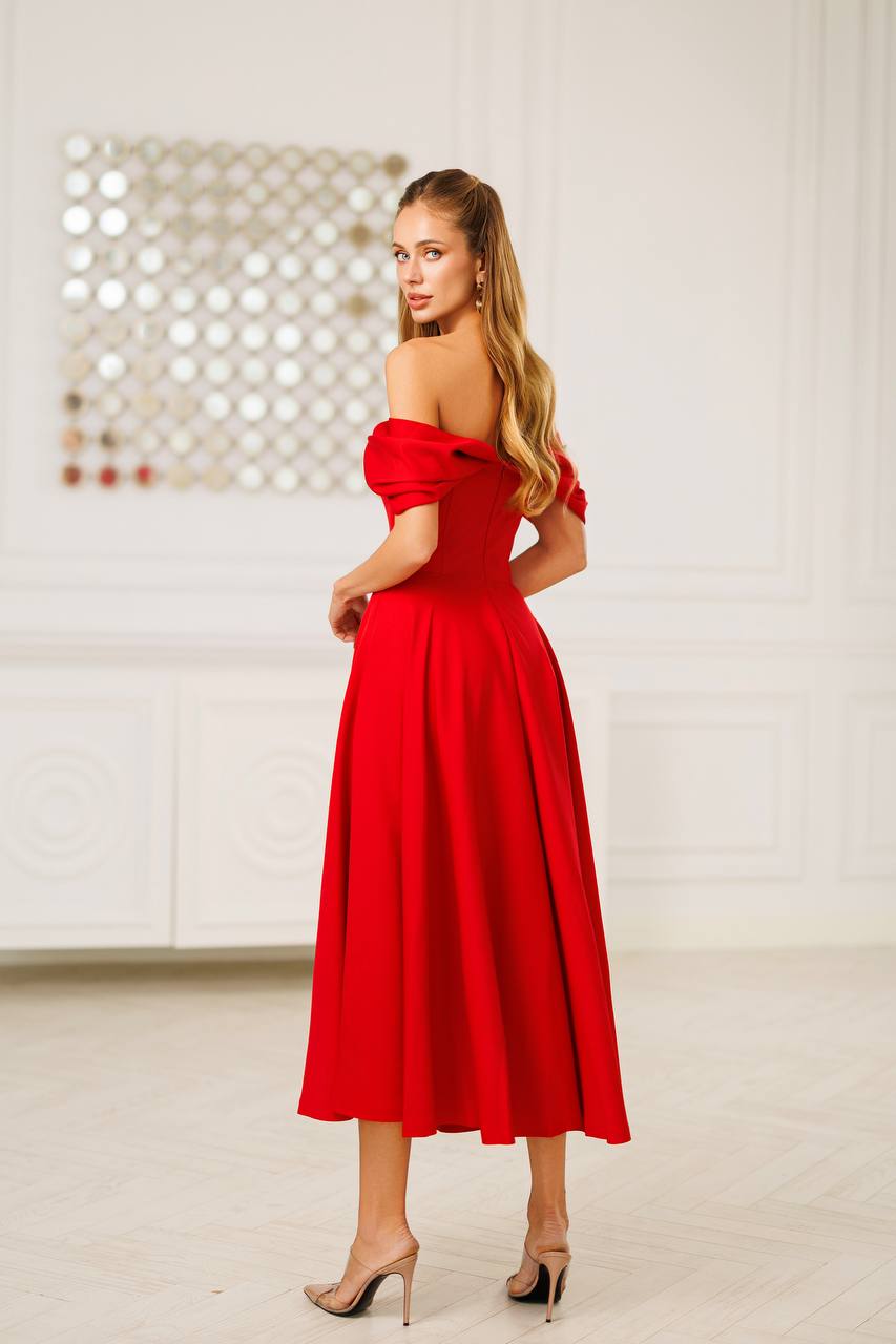 Off Shoulder Midi Dress – Elegant A-Line Evening Dress