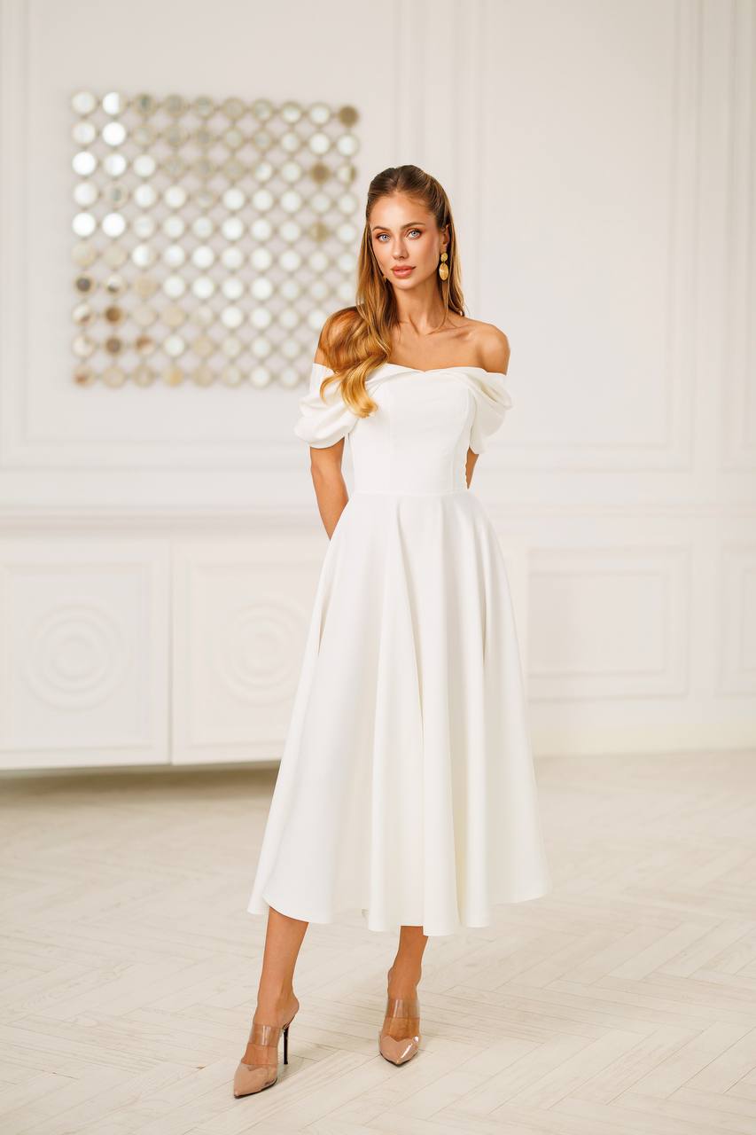 Off Shoulder Midi Dress – Elegant A-Line Evening Dress