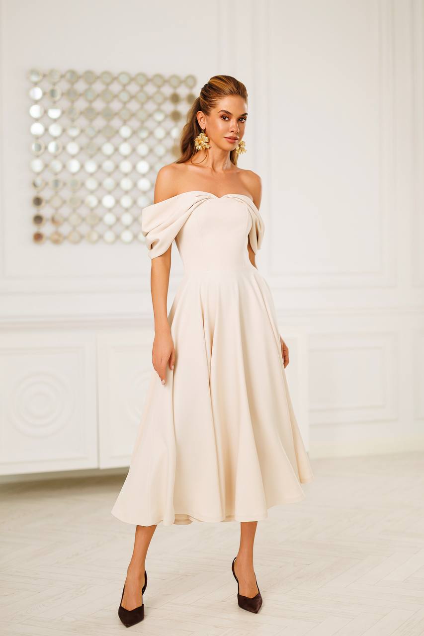 Off Shoulder Midi Dress – Elegant A-Line Evening Dress