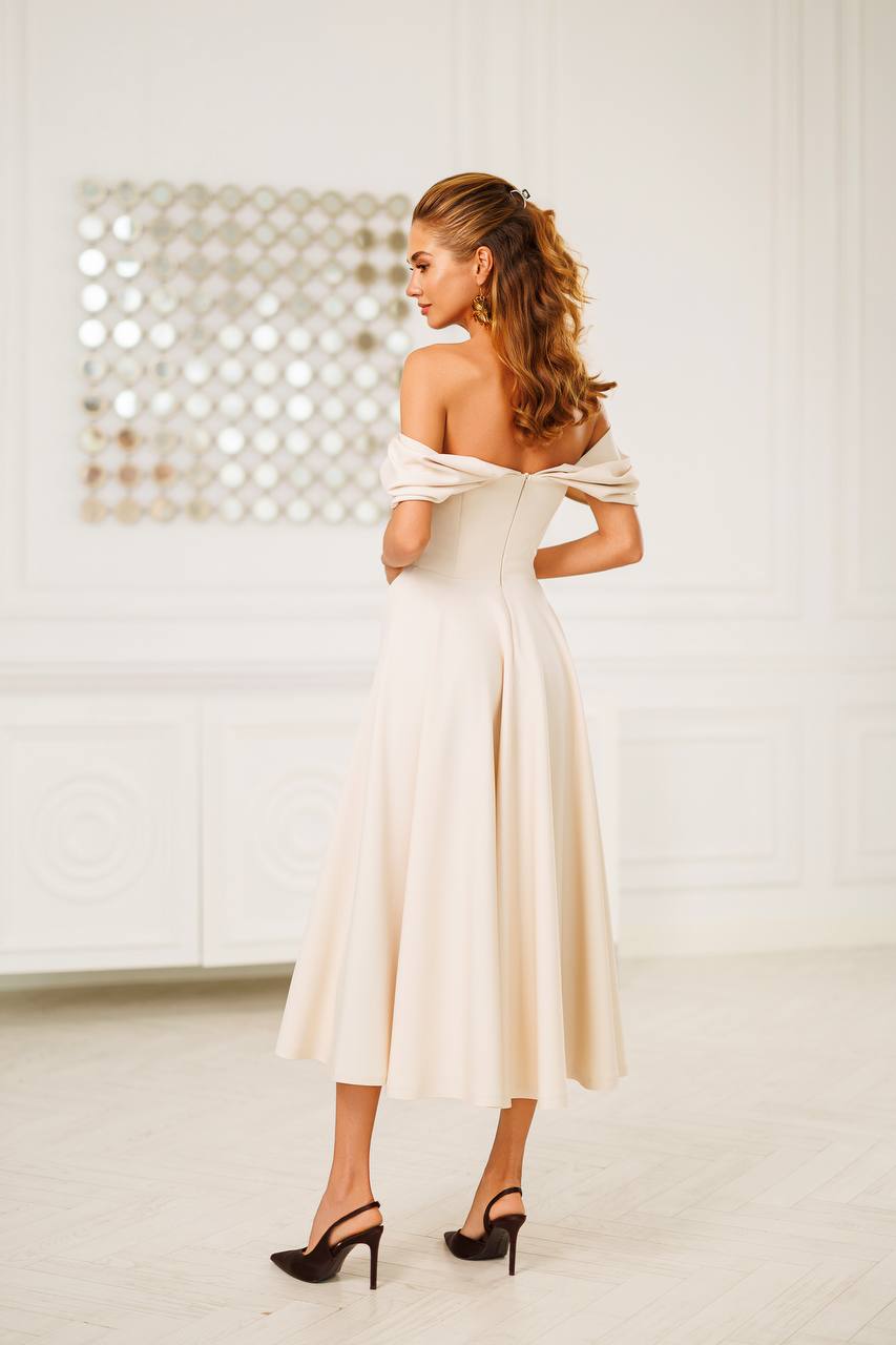 Off Shoulder Midi Dress – Elegant A-Line Evening Dress