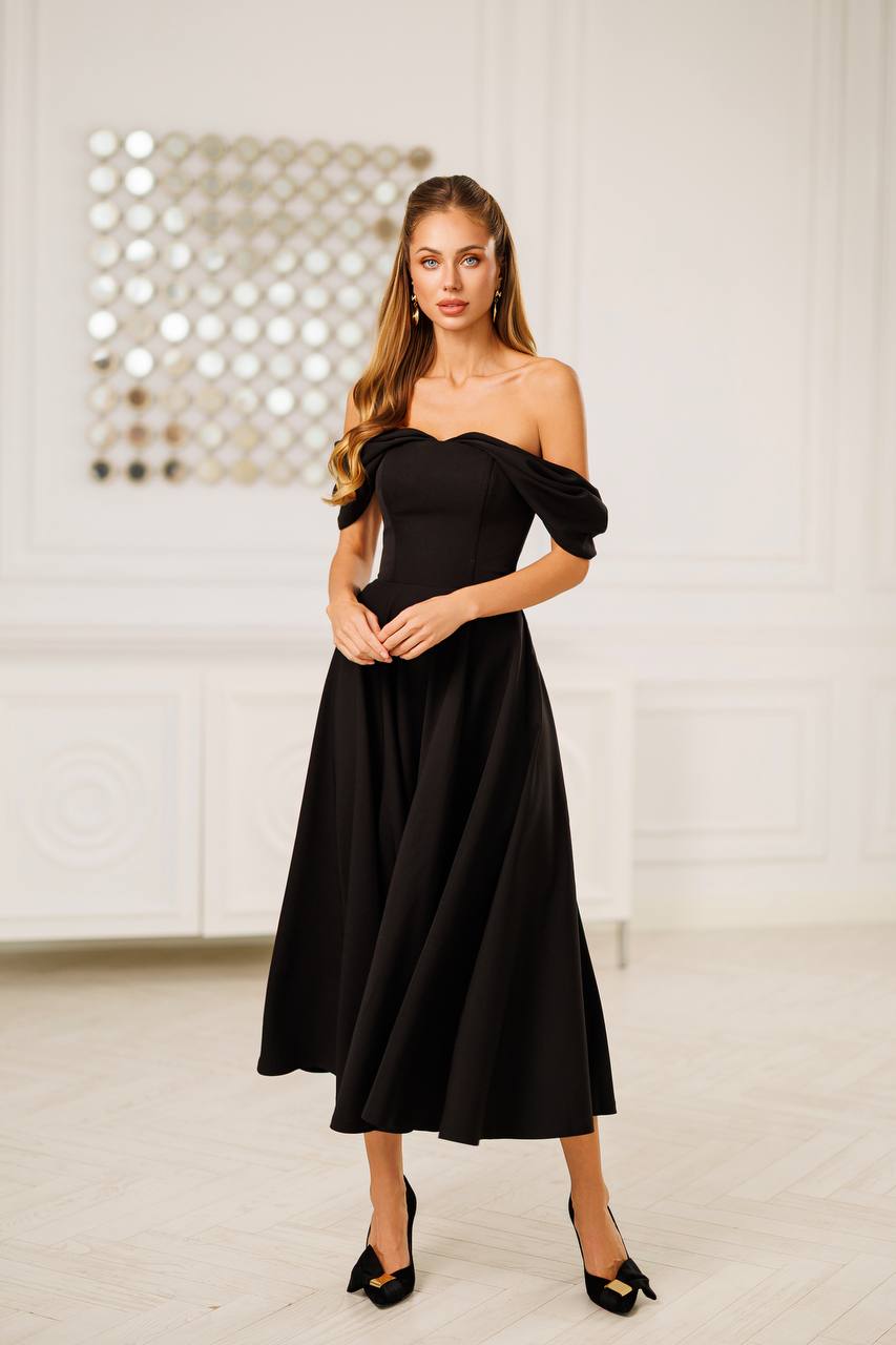 Off Shoulder Midi Dress – Elegant A-Line Evening Dress