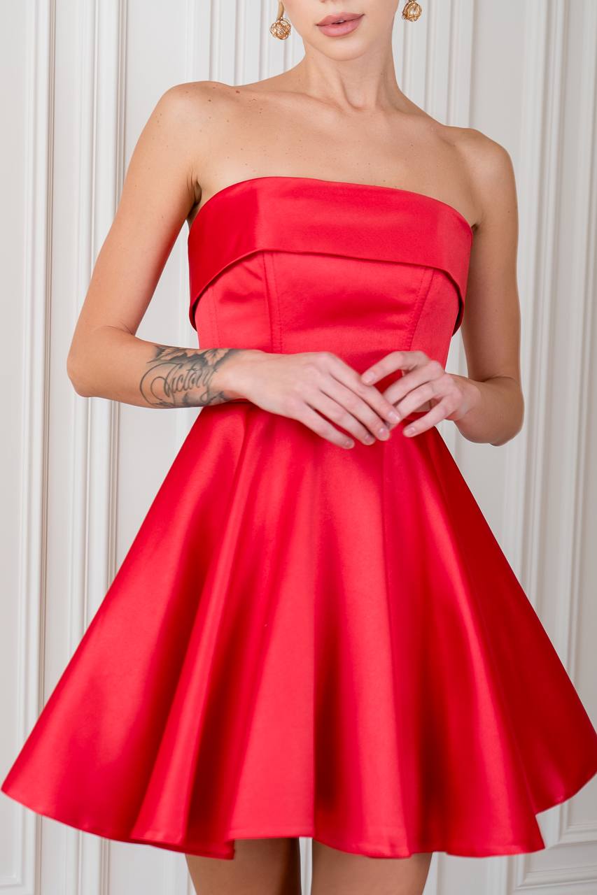 Strapless Satin Mini Dress Flared Elegant Party Look