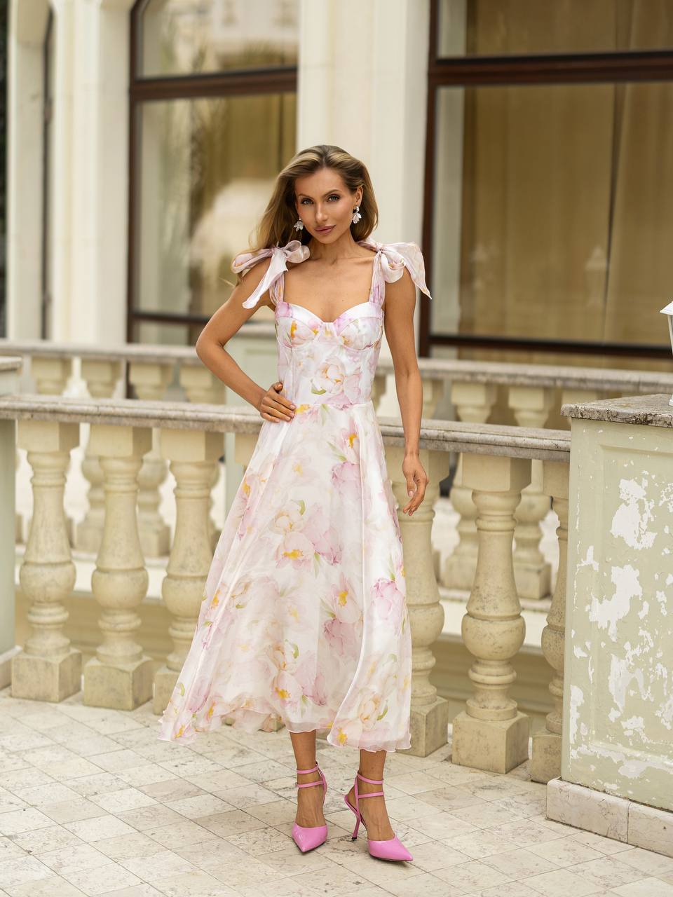 Pink Floral Decorative Organza Dress with 100% Cotton Lining