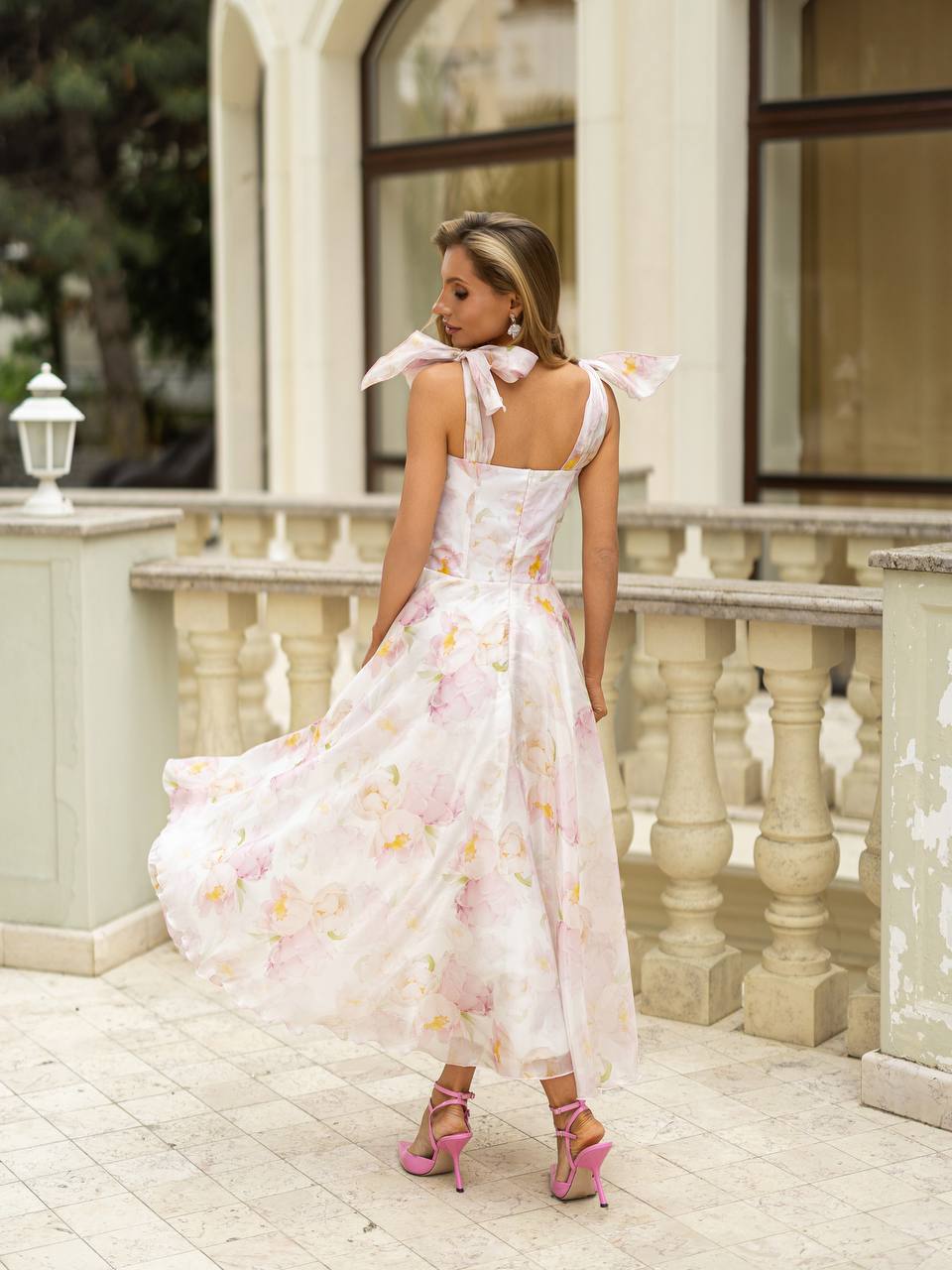 Pink Floral Decorative Organza Dress with 100% Cotton Lining