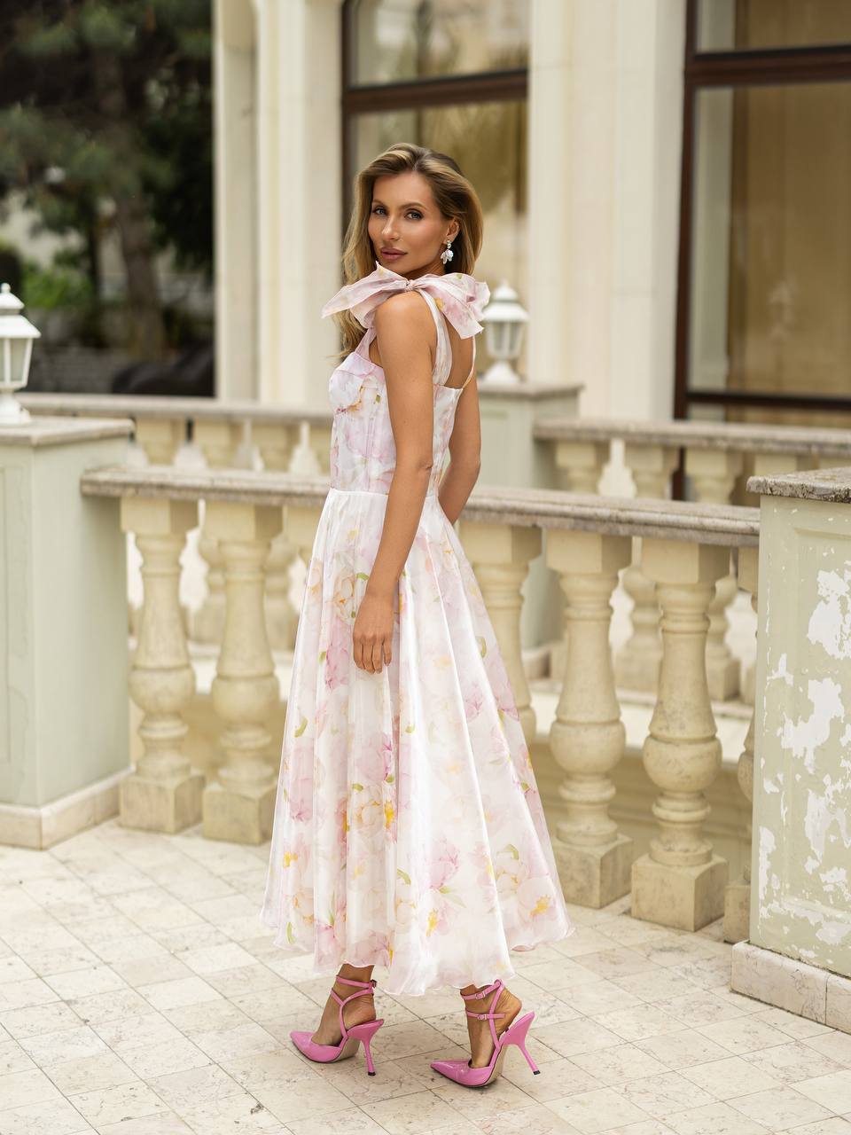 Pink Floral Decorative Organza Dress with 100% Cotton Lining