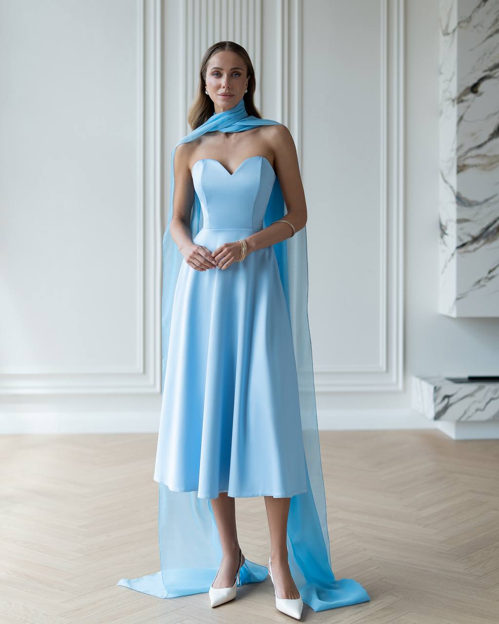 Women's Elegant Evening Midi Corset Dress in Royal Satin