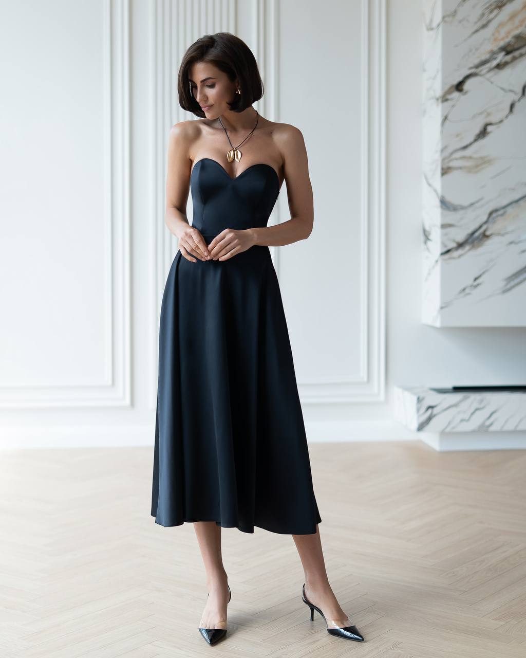 Women's Elegant Evening Midi Corset Dress in Royal Satin