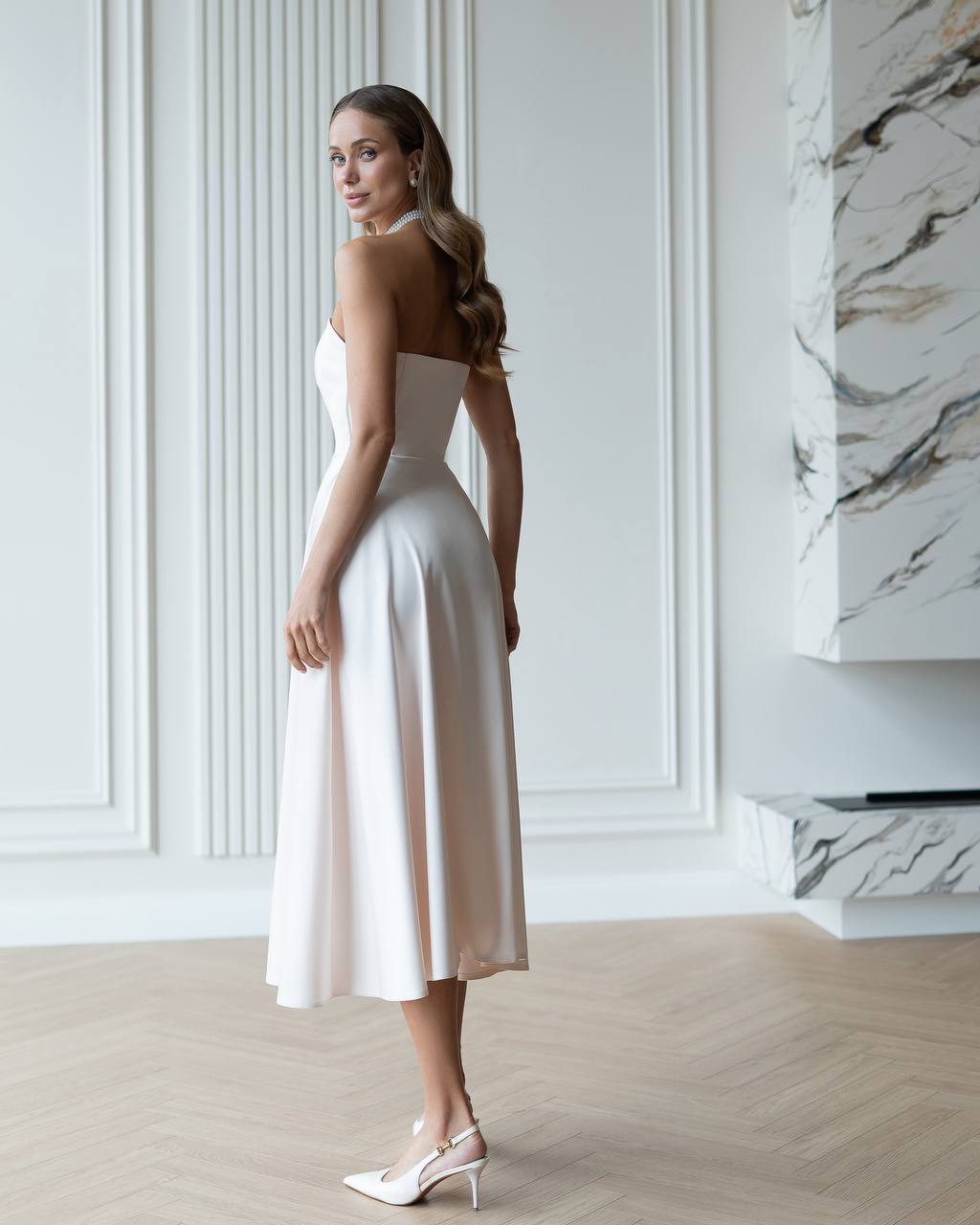 Women's Elegant Evening Midi Corset Dress in Royal Satin