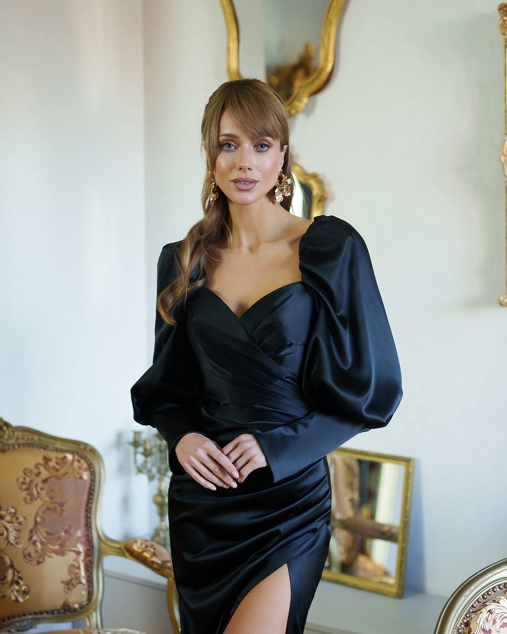 Elegant Midi Dress in Mango Royal Satin with Cuffed Sleeves