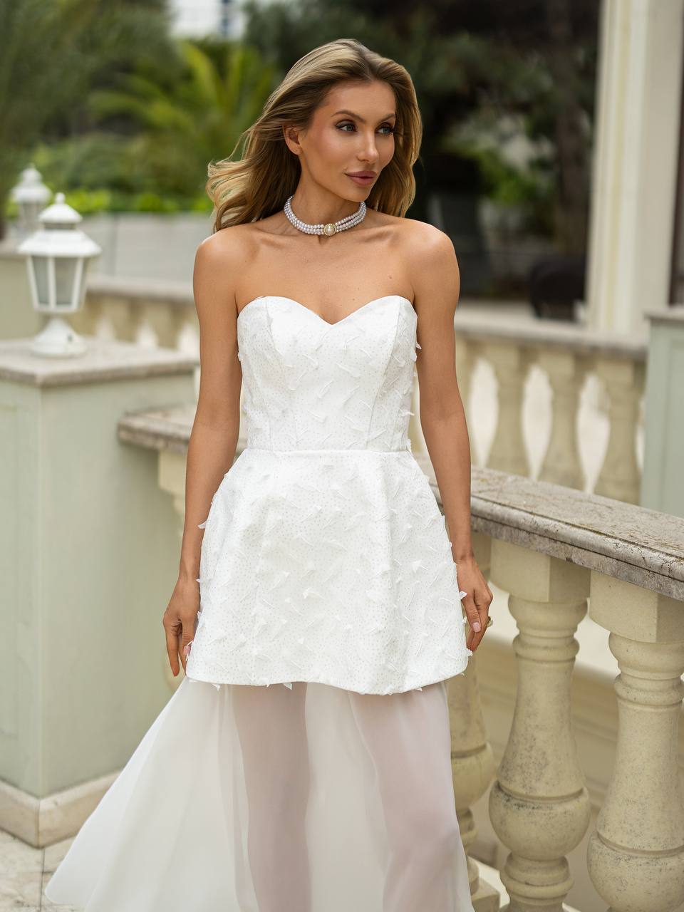 Diagonal Crepe Evening Dress Set - 3D Feather Peplum Dress + Skirt