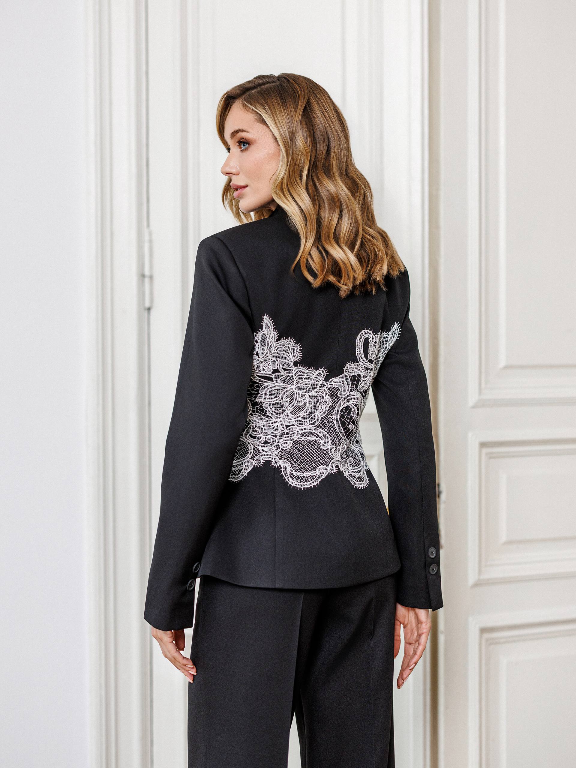 Lace Detail Blazer Suit with Wide Leg Pants Elegant Set