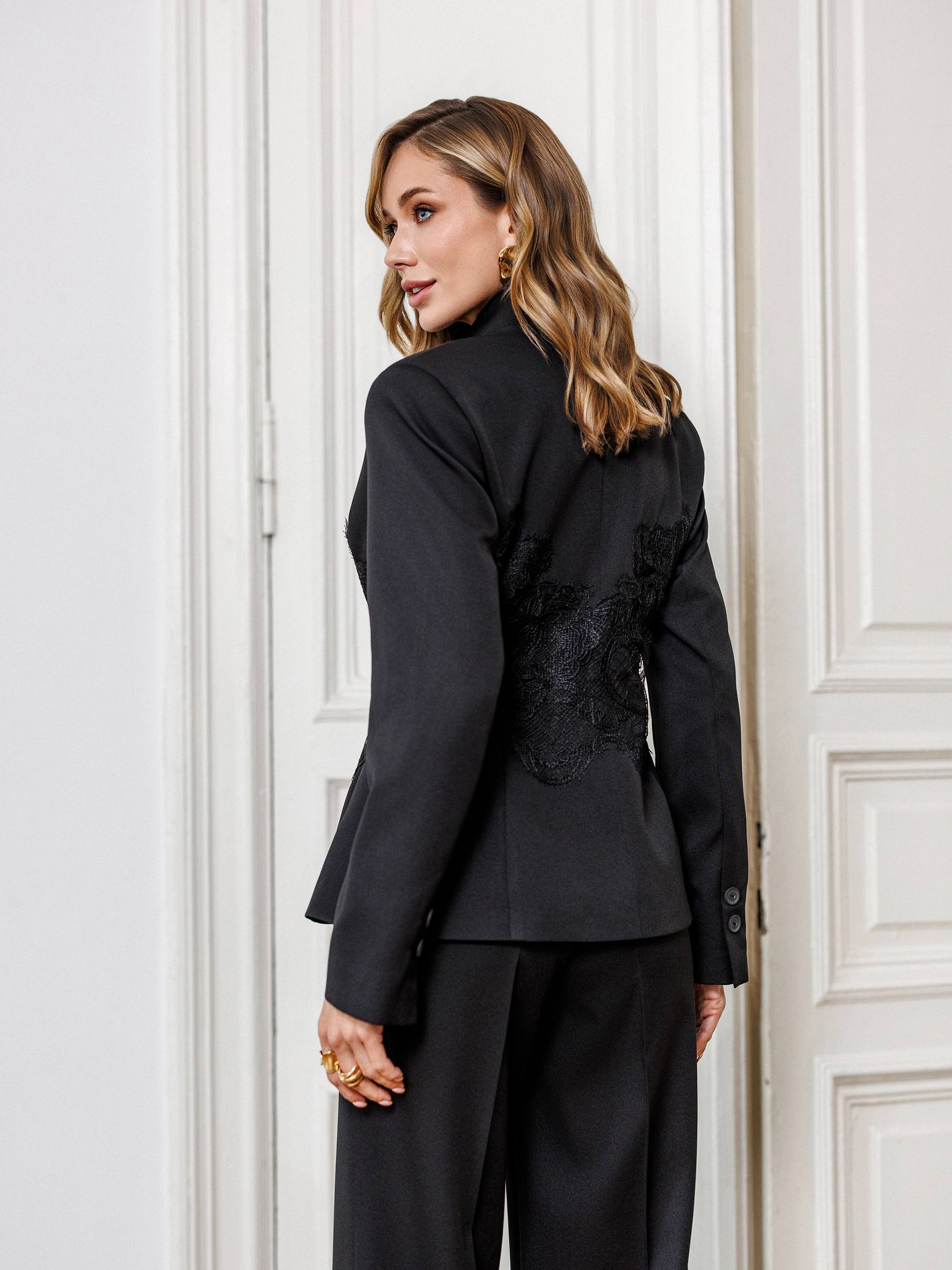Lace Detail Blazer Suit with Wide Leg Pants Elegant Set