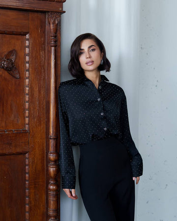 Rhinestone Crinkle Suit Fabric Shirt Blouse, Evening Style