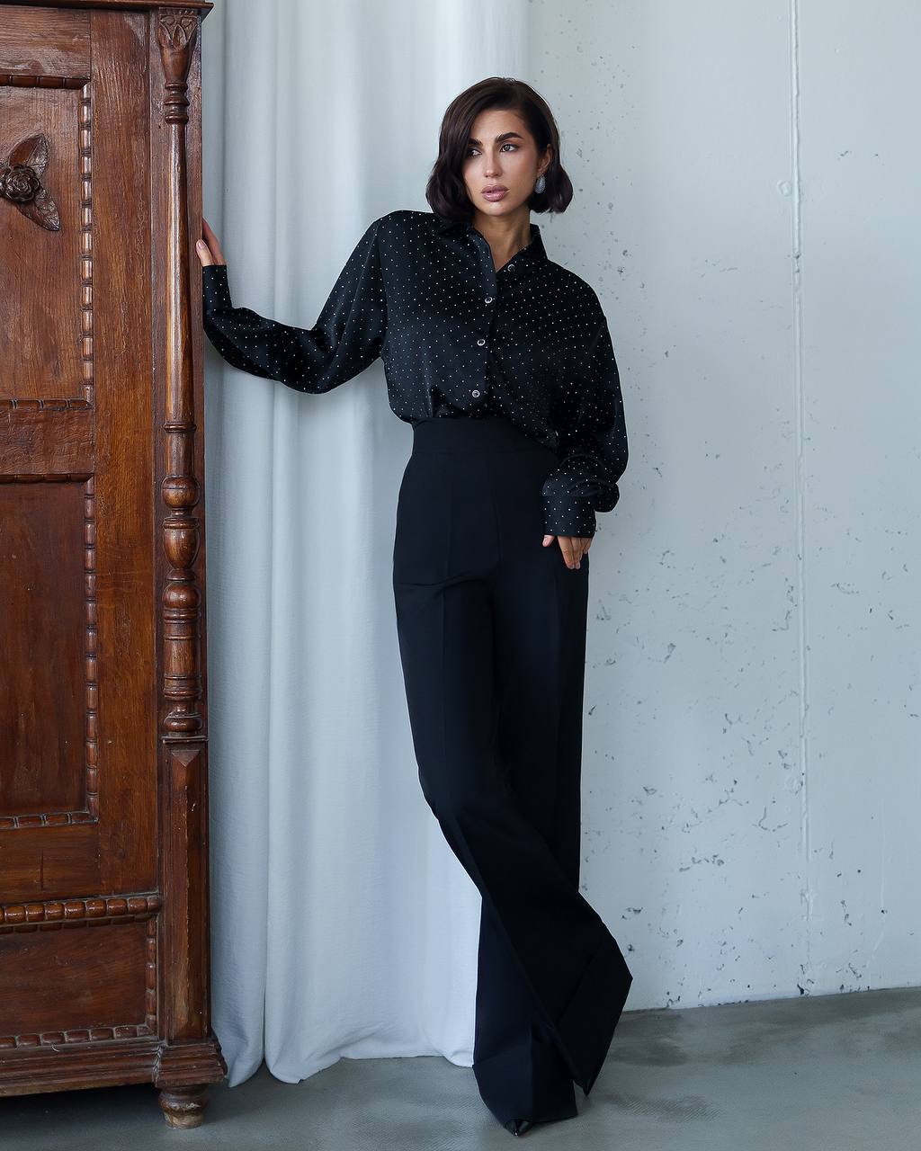 Rhinestone Crinkle Suit Fabric Shirt Blouse, Evening Style