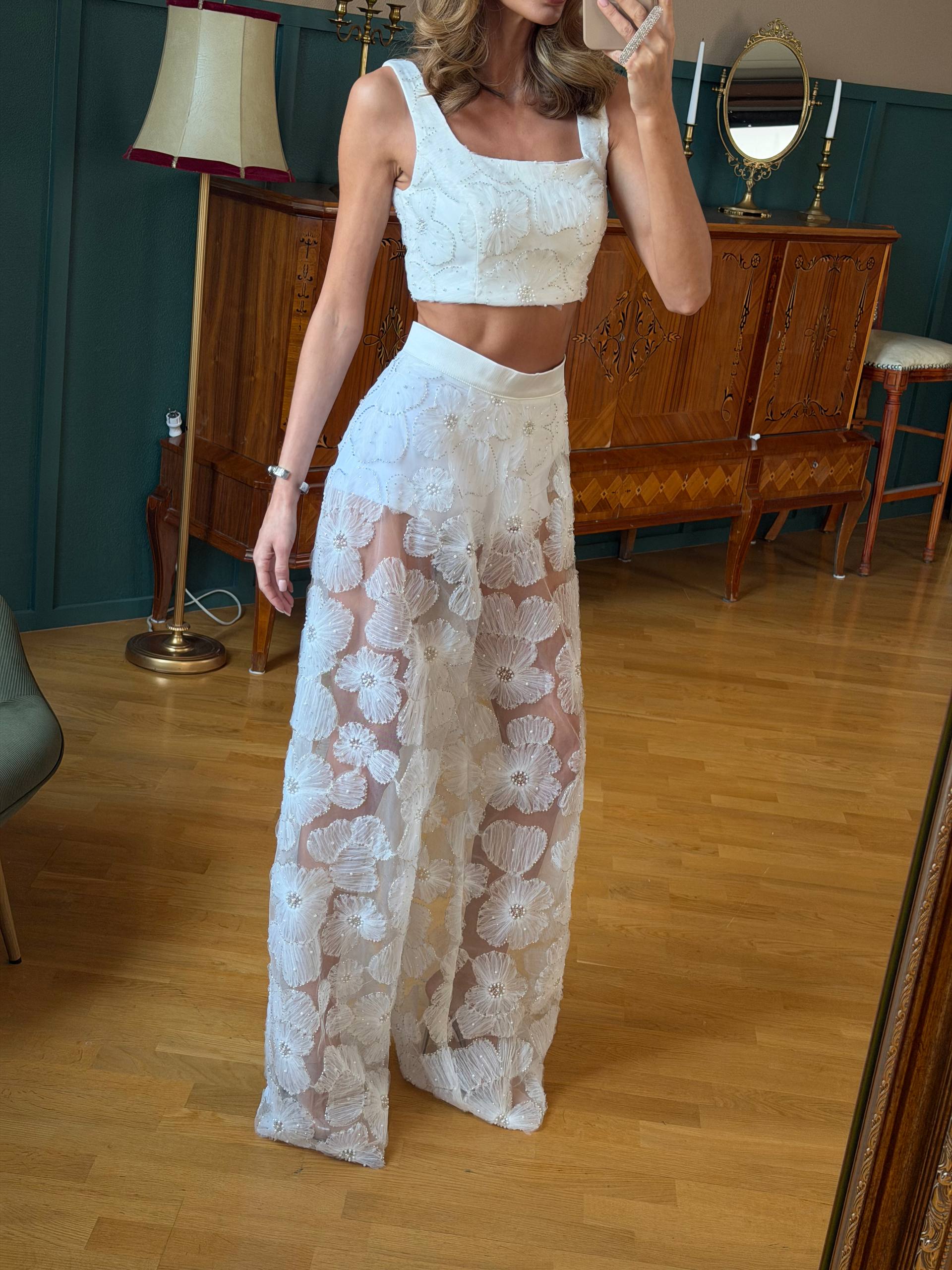 Luxury Floral Organza Set Crop Top and Wide Pants