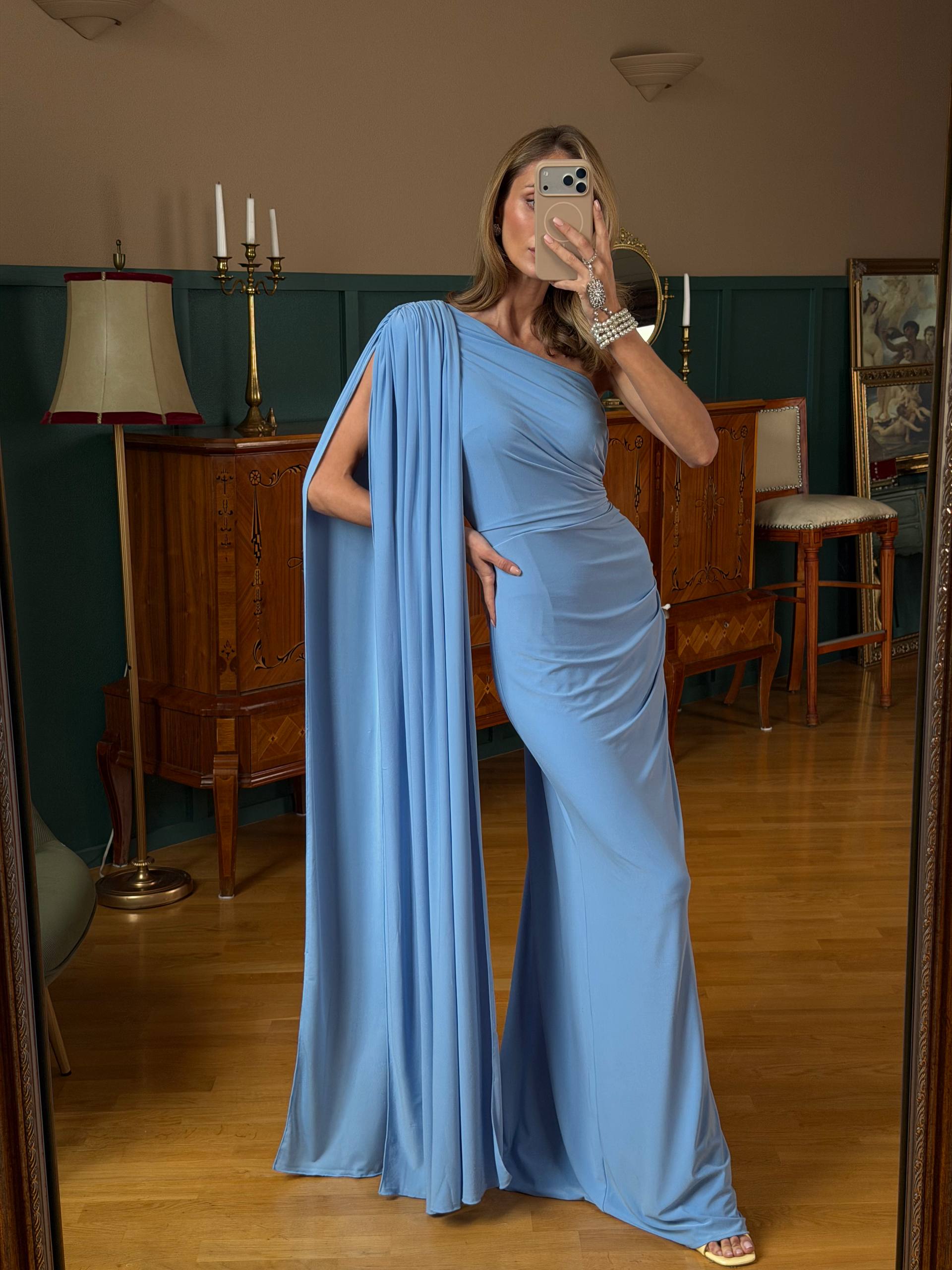One Shoulder Maxi Dress with Cape Elegant Evening Loo