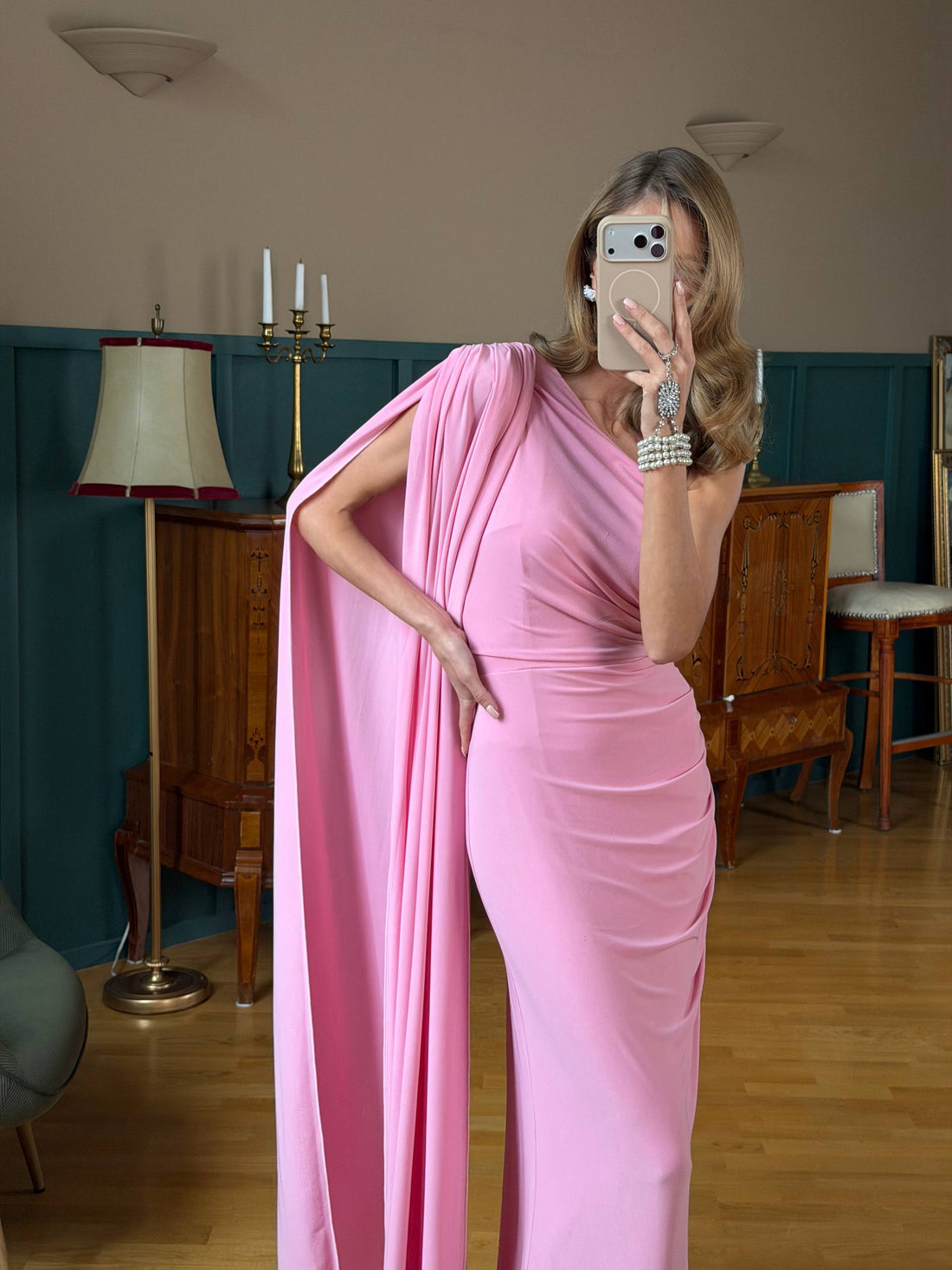 One Shoulder Maxi Dress with Cape Elegant Evening Loo