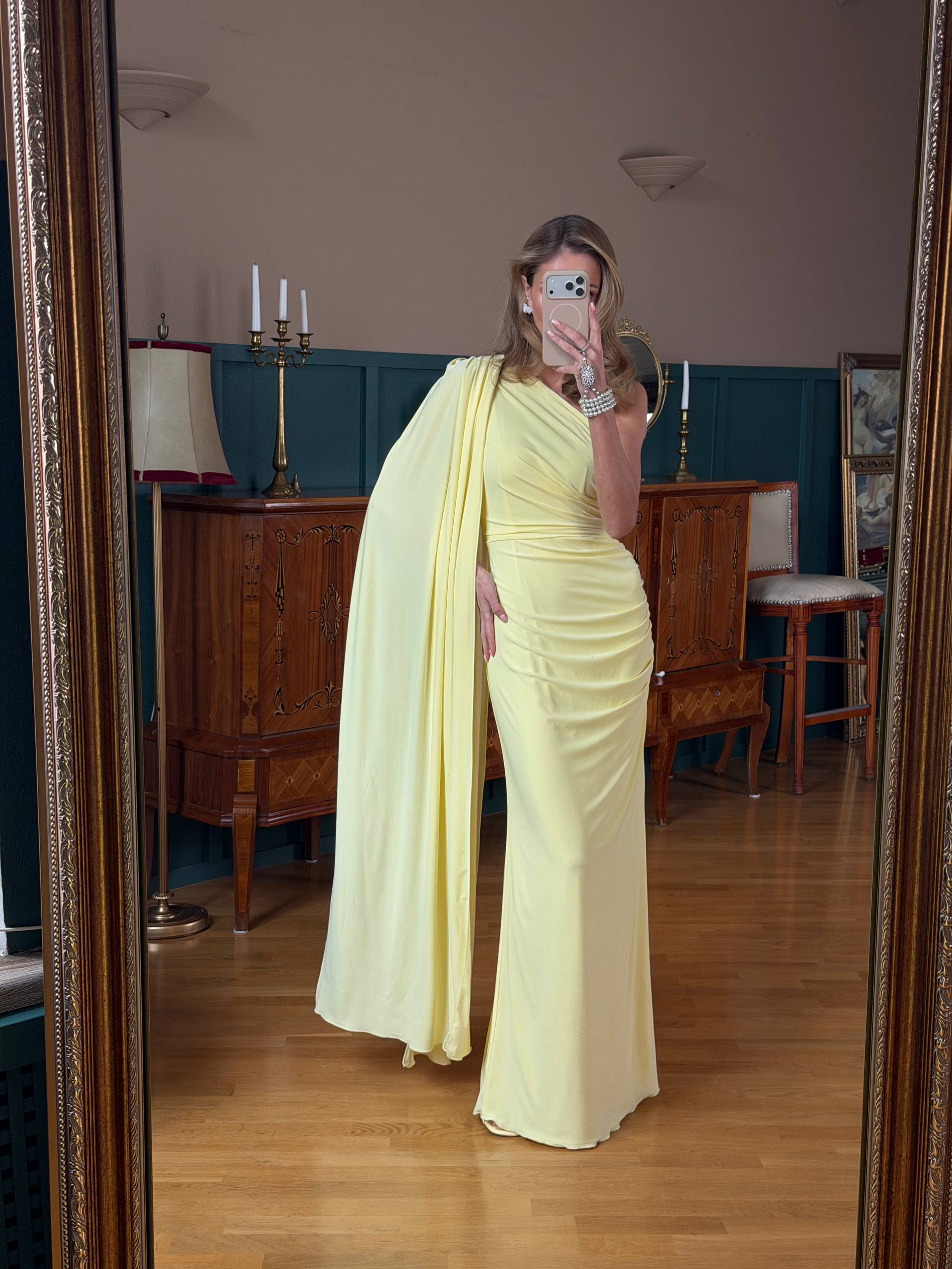 One Shoulder Maxi Dress with Cape Elegant Evening Loo