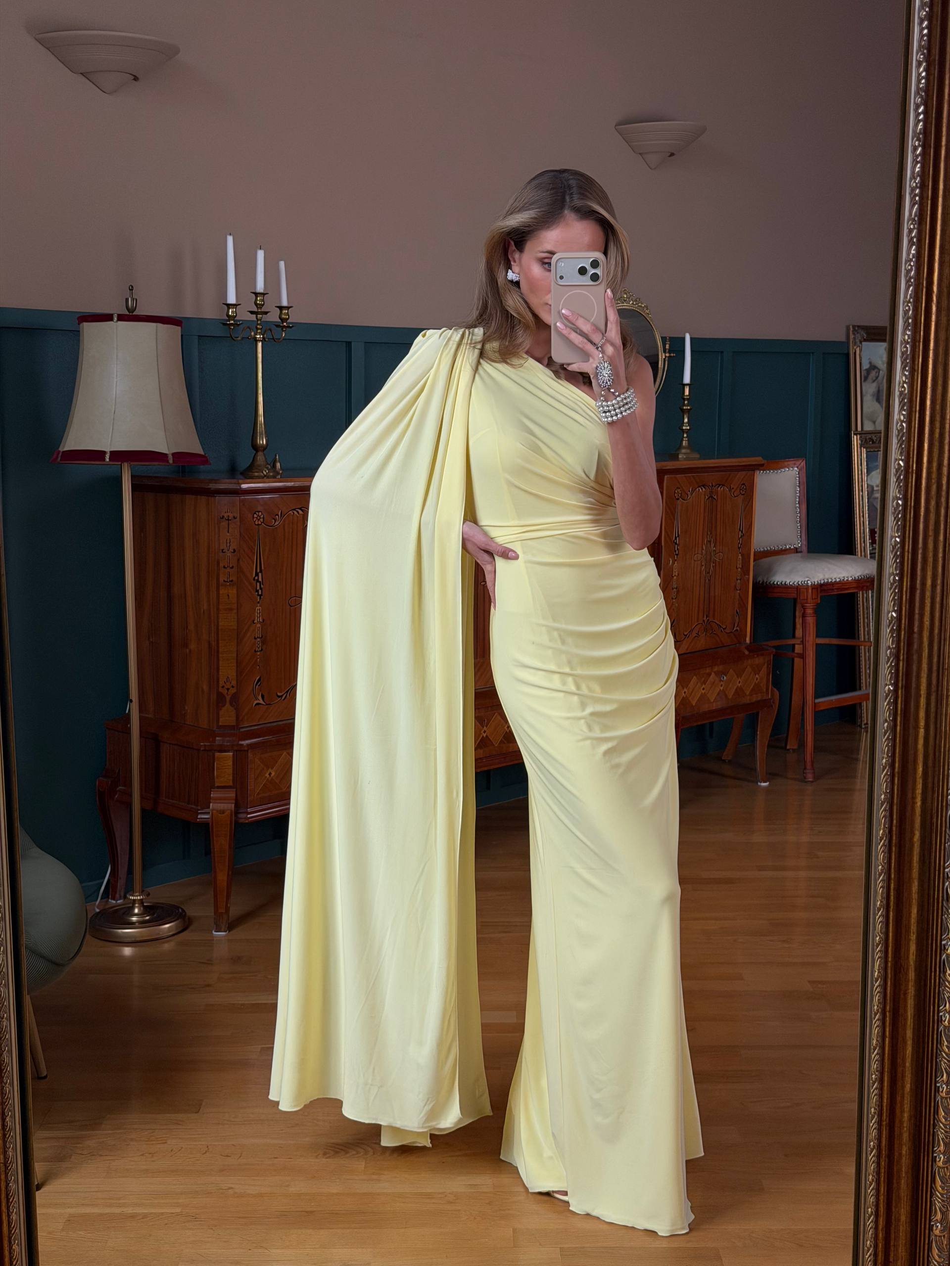 One Shoulder Maxi Dress with Cape Elegant Evening Loo