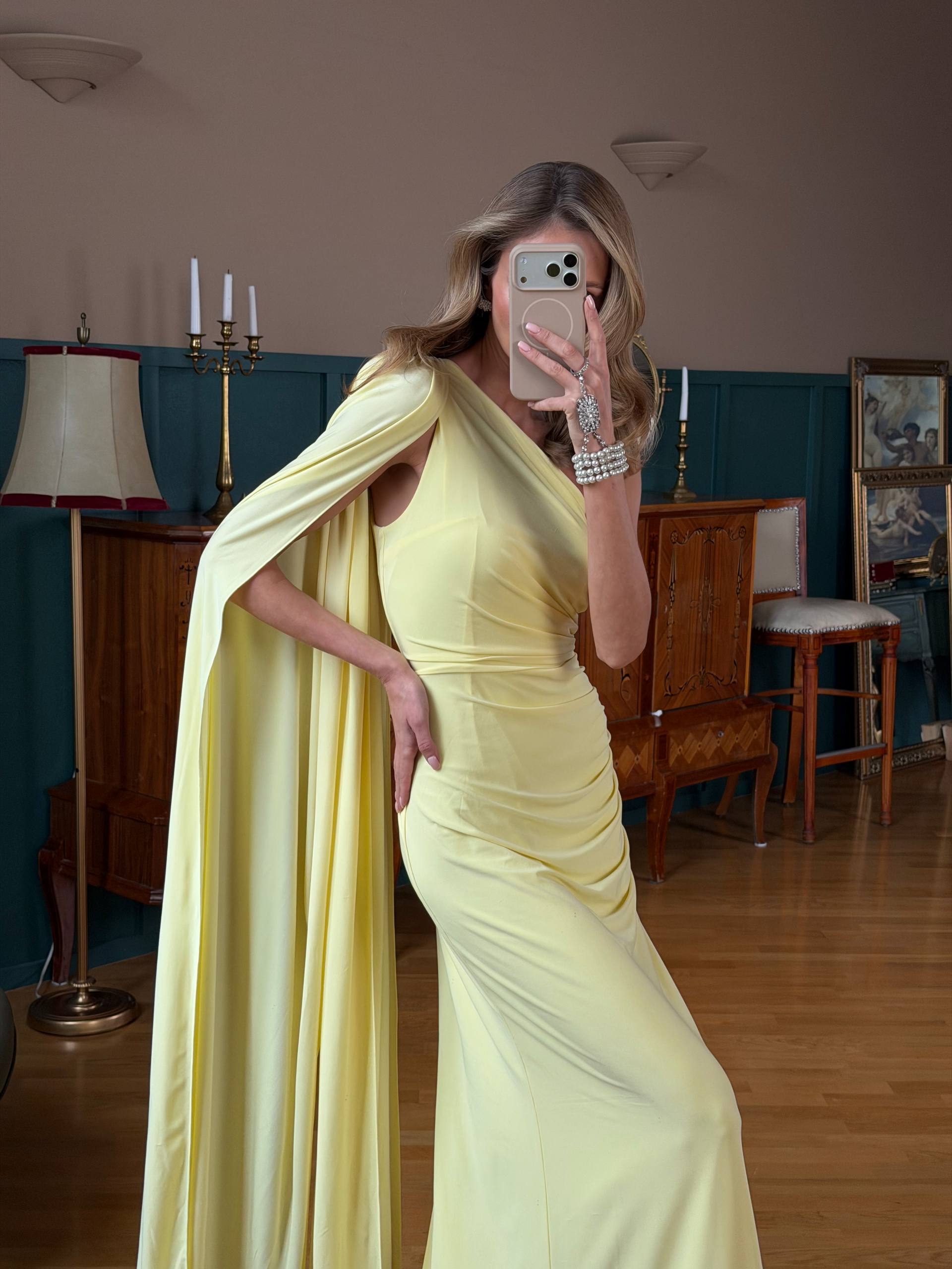 One Shoulder Maxi Dress with Cape Elegant Evening Loo