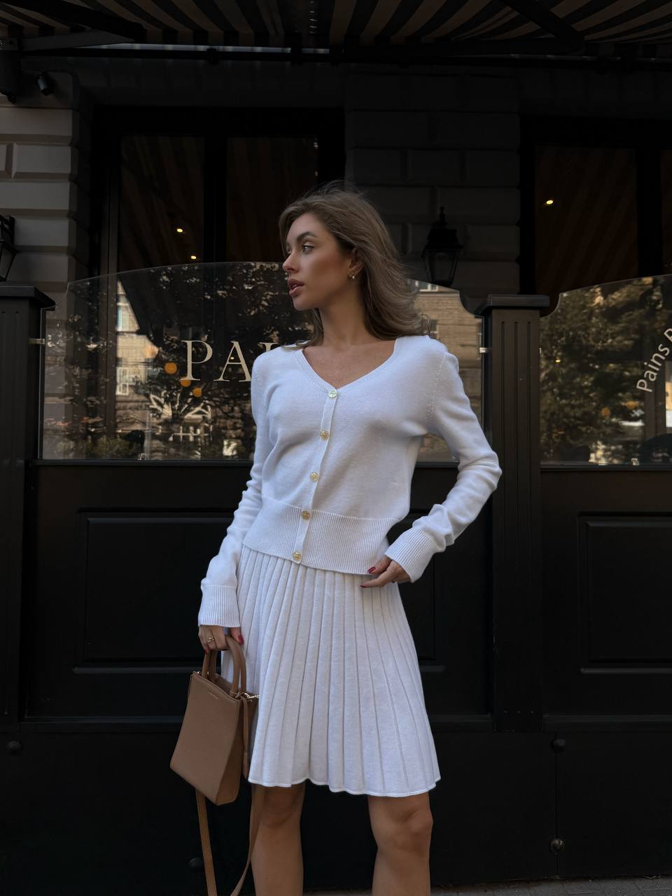 Elegant Knit Two Piece Set – Cardigan and Pleated Skirt