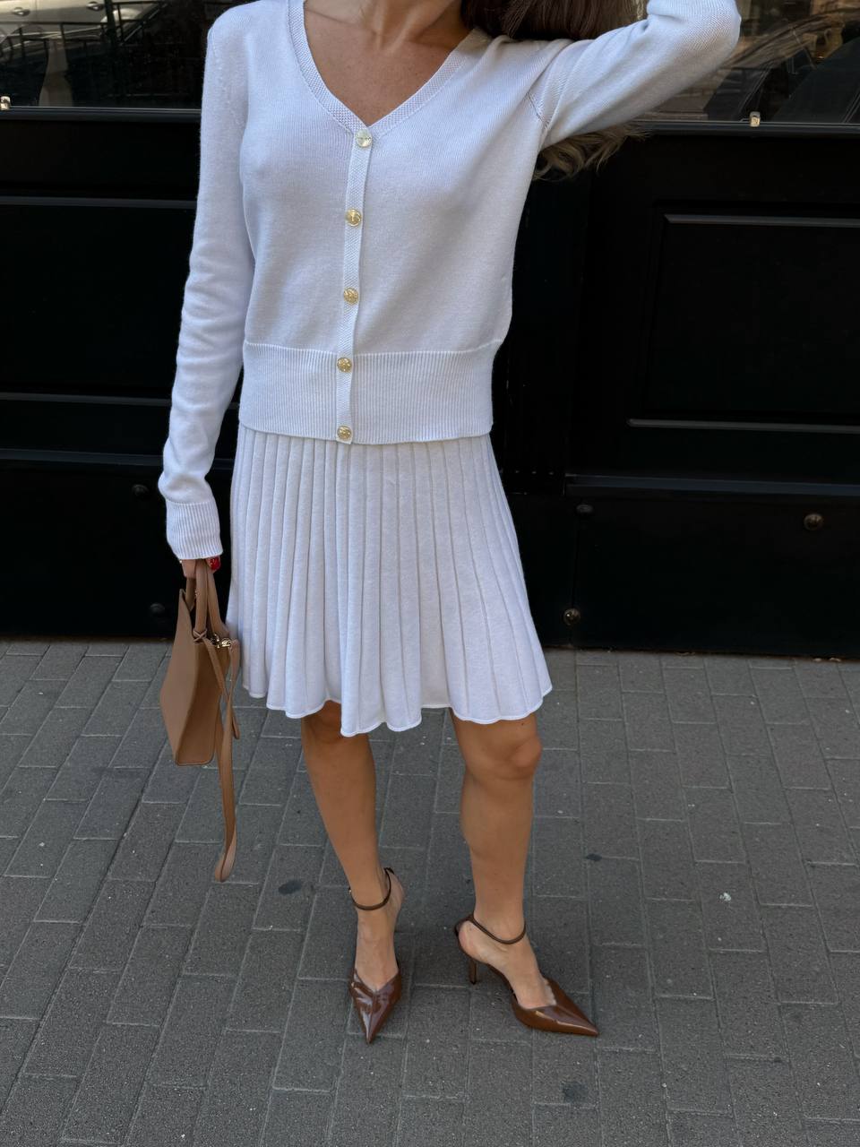 Elegant Knit Two Piece Set – Cardigan and Pleated Skirt