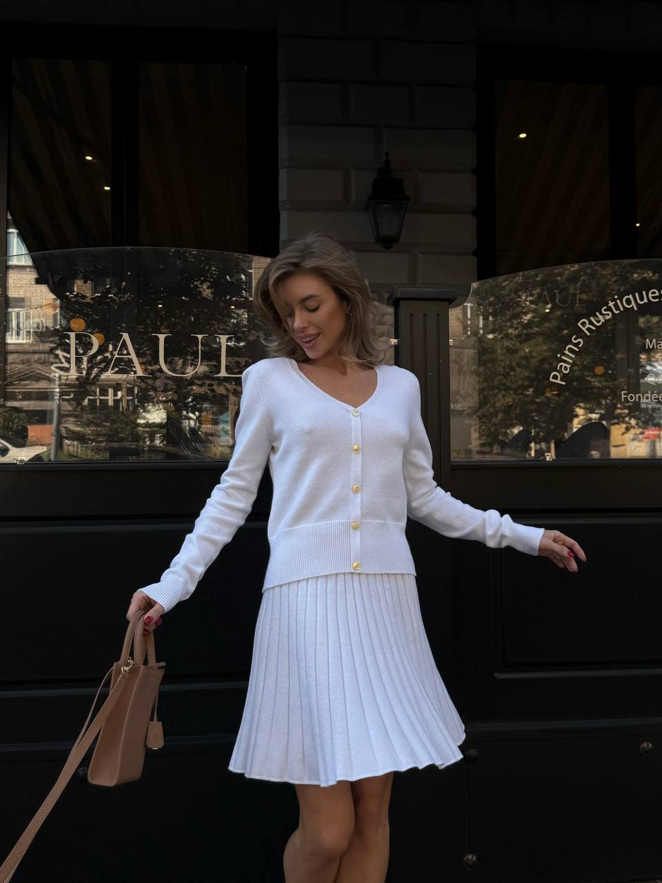 Elegant Knit Two Piece Set – Cardigan and Pleated Skirt