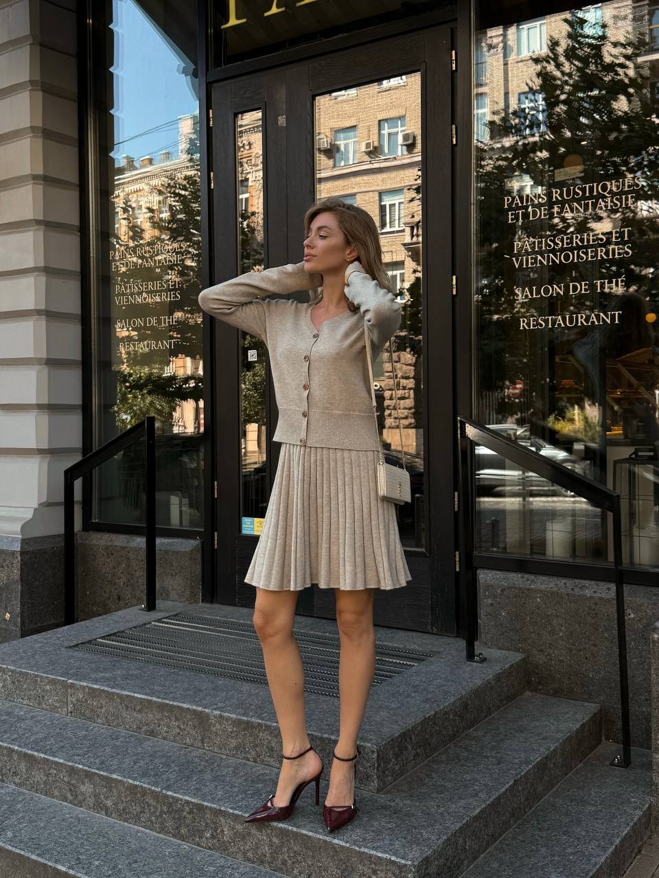 Elegant Knit Two Piece Set – Cardigan and Pleated Skirt