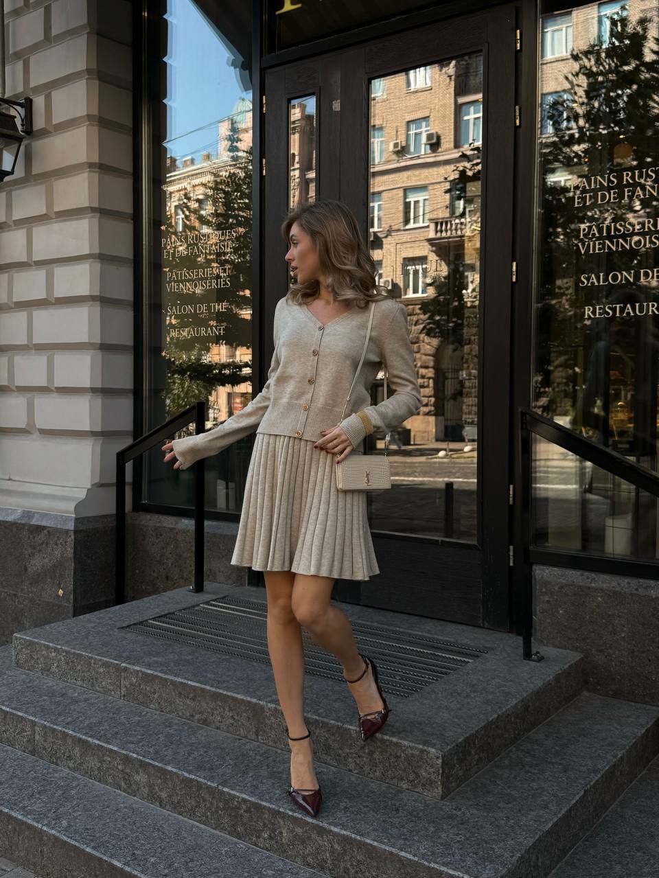 Elegant Knit Two Piece Set – Cardigan and Pleated Skirt